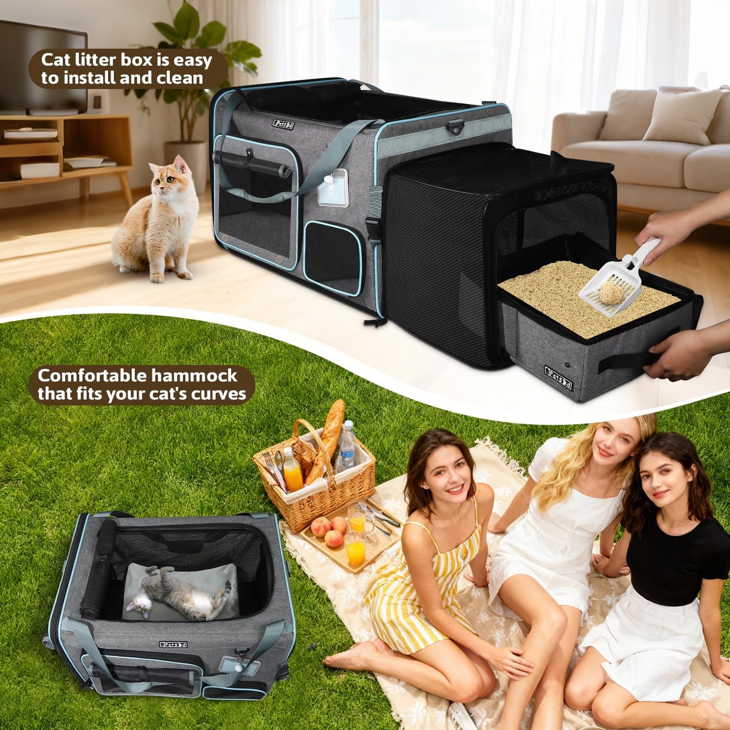 Petskd Side Expandable Extra Large Cat Car Carrier with Collapsible Litter Box for Long Distance Travel,24"x17"x17" Portable Soft Sided Pet Carrier with Roller Shades for 2 Cats Up to 55LBS(Grey)