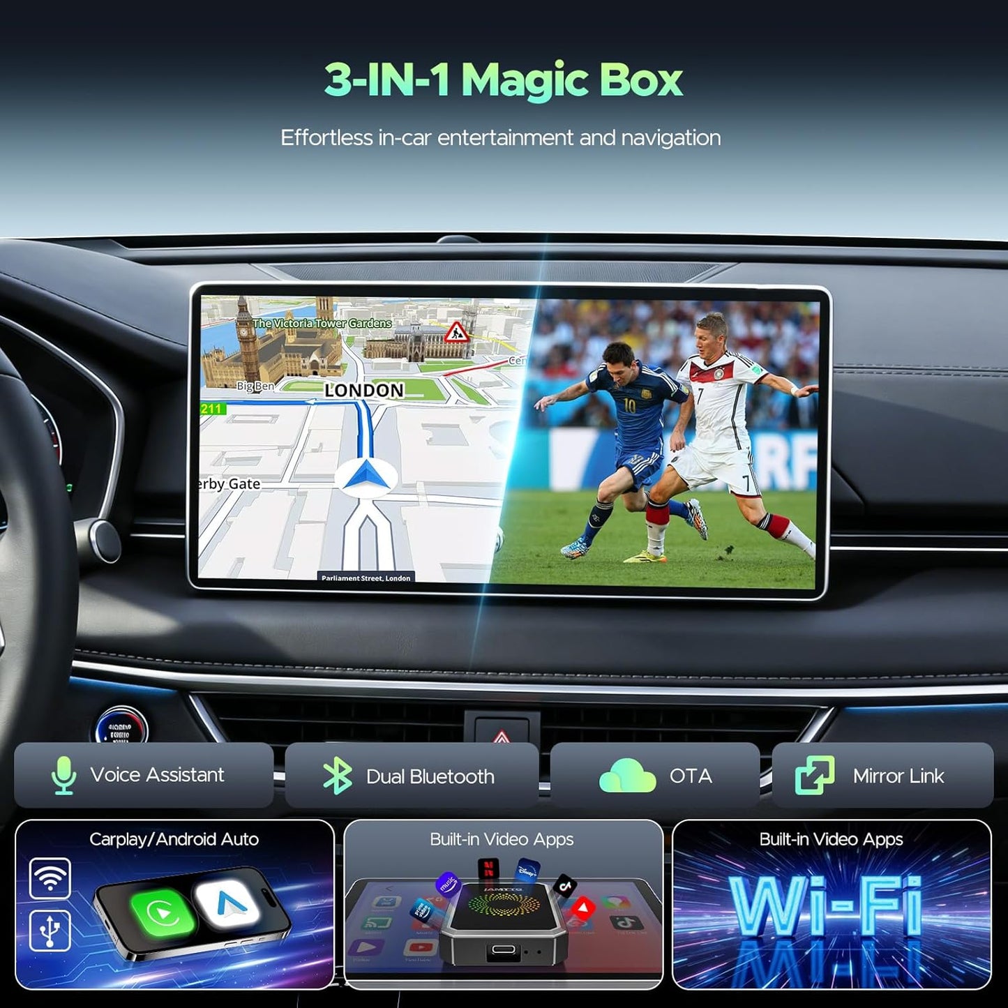 LAMTTO 3-in-1 Wireless Carplay Android Auto Adapter Built-in Net-Flix YouTube Tiktok Apps Magic Box Video Player with 5.8GHz WiFi USB Drive Convert Wired to Wireless for OEM CarPlay Cars (2016-2024)