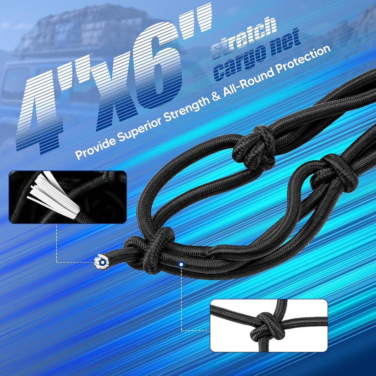 4"x 6" Cargo Net for Roof Basket and Pickup Bed with 24 Carabiners
