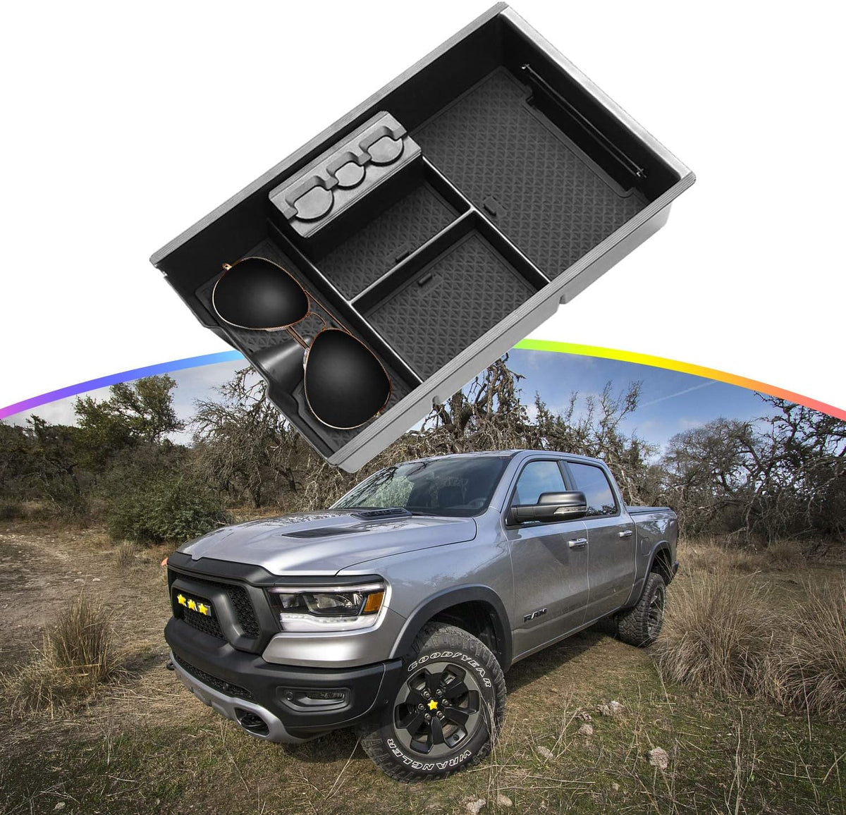 SKTU Center Console Organizer Customized for 2009-2020 Dodge Ram 1500 2500HD 3500HD Insert ABS Black Materials Tray Armrest Box Glove Secondary Storage Box with Coin and Glass Holder