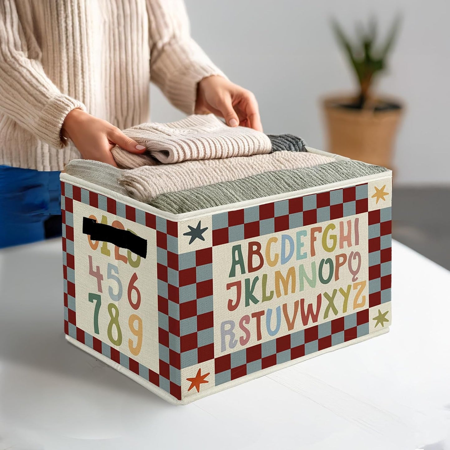 Boho Classroom Storage Bins & Boxes with Handles, Kids Foldable Basket for Organizing, Retro Alphabet Numbers Educational Collapsible Storage Basket for Kids Bedroom Bathroom Clothes Toys Books