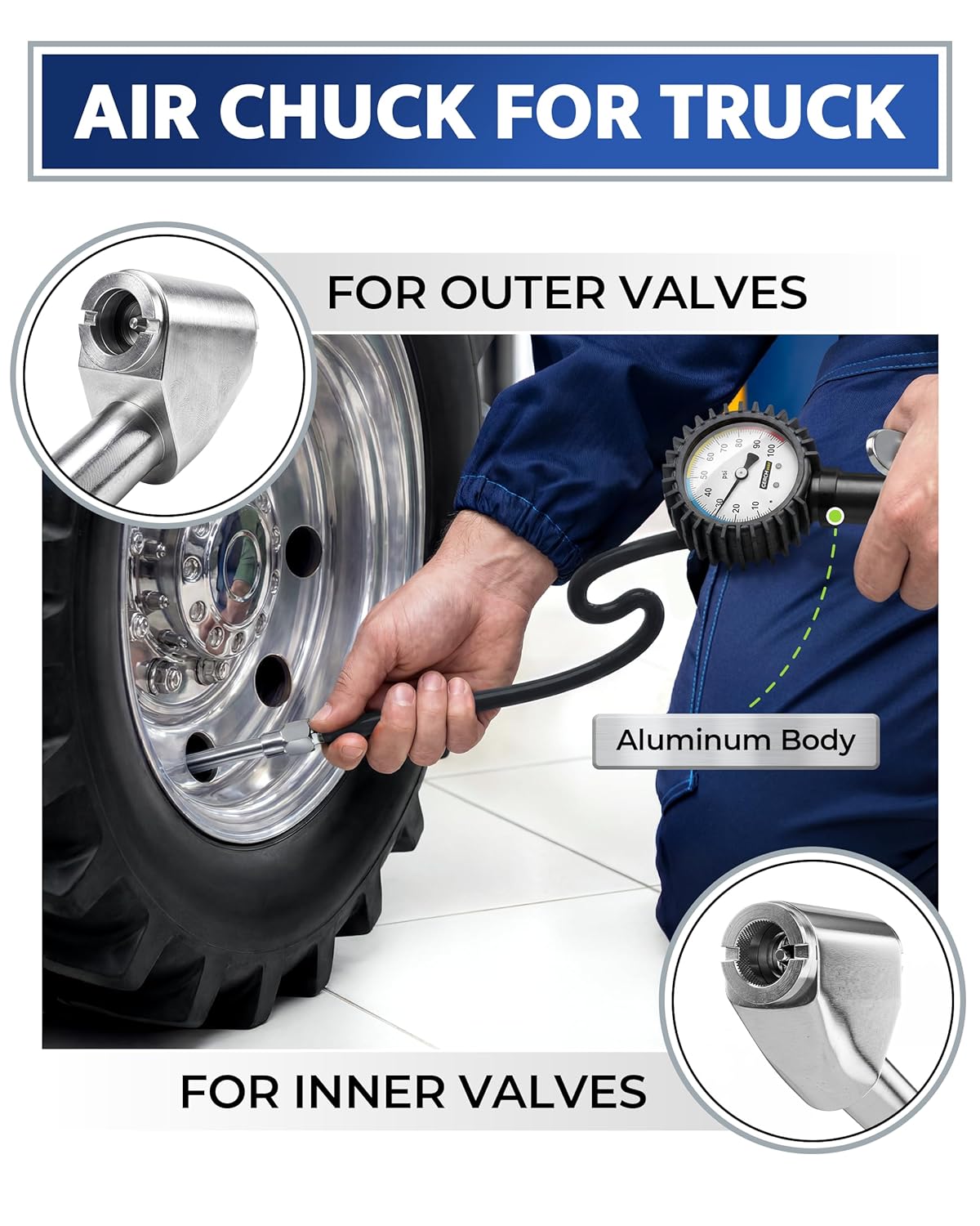 Air Chuck with Tire Pressure Gauge and Inflator for Air Compressor 100 PSI
