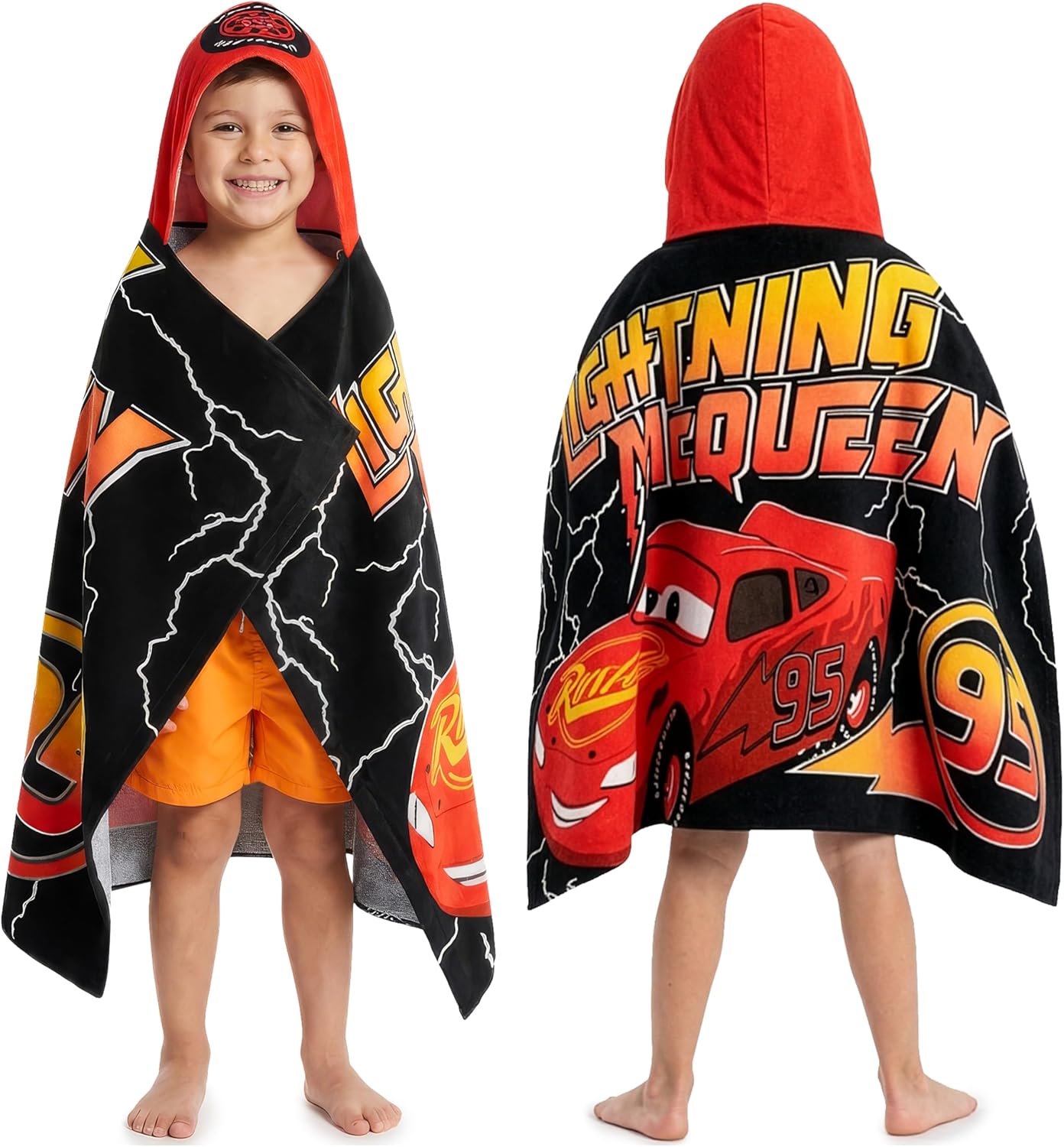 Disney Pixar Cars Bath Towels with Hood for Boys, Ages 2-6, Lightning McQueen Soft and Absorbent Hooded Cotton Beach Towel Wrap, Swimming Pool Poncho, Gifts for Boys (Red/Black Cars)