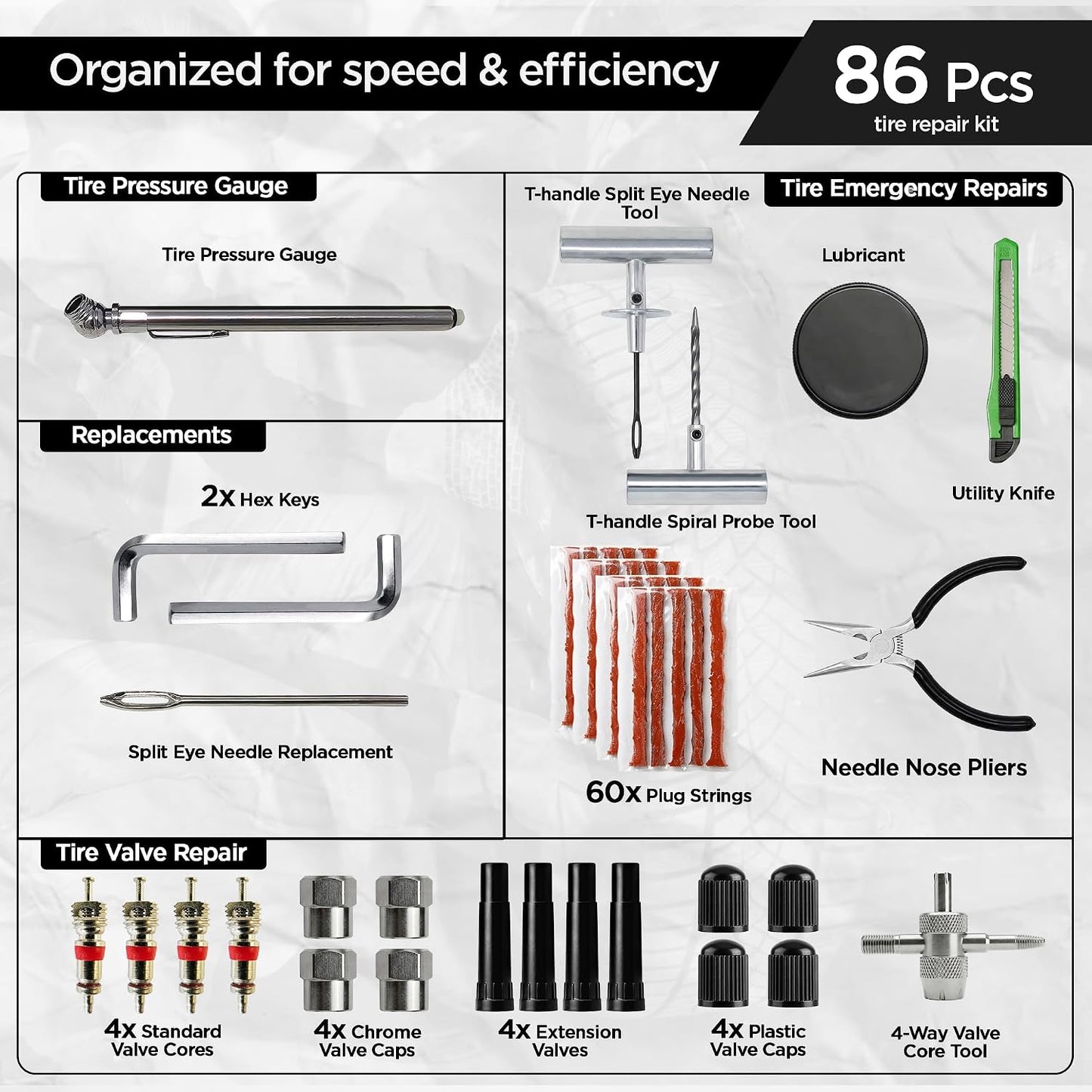 Tire Plug Kit 86 Piece - Universal Heavy Duty Flat Tire Repair Tool Kit - Fix for Car, Truck, Motorcycle, ATV, RV, Jeep & More - All in One Puncture Repair Kit