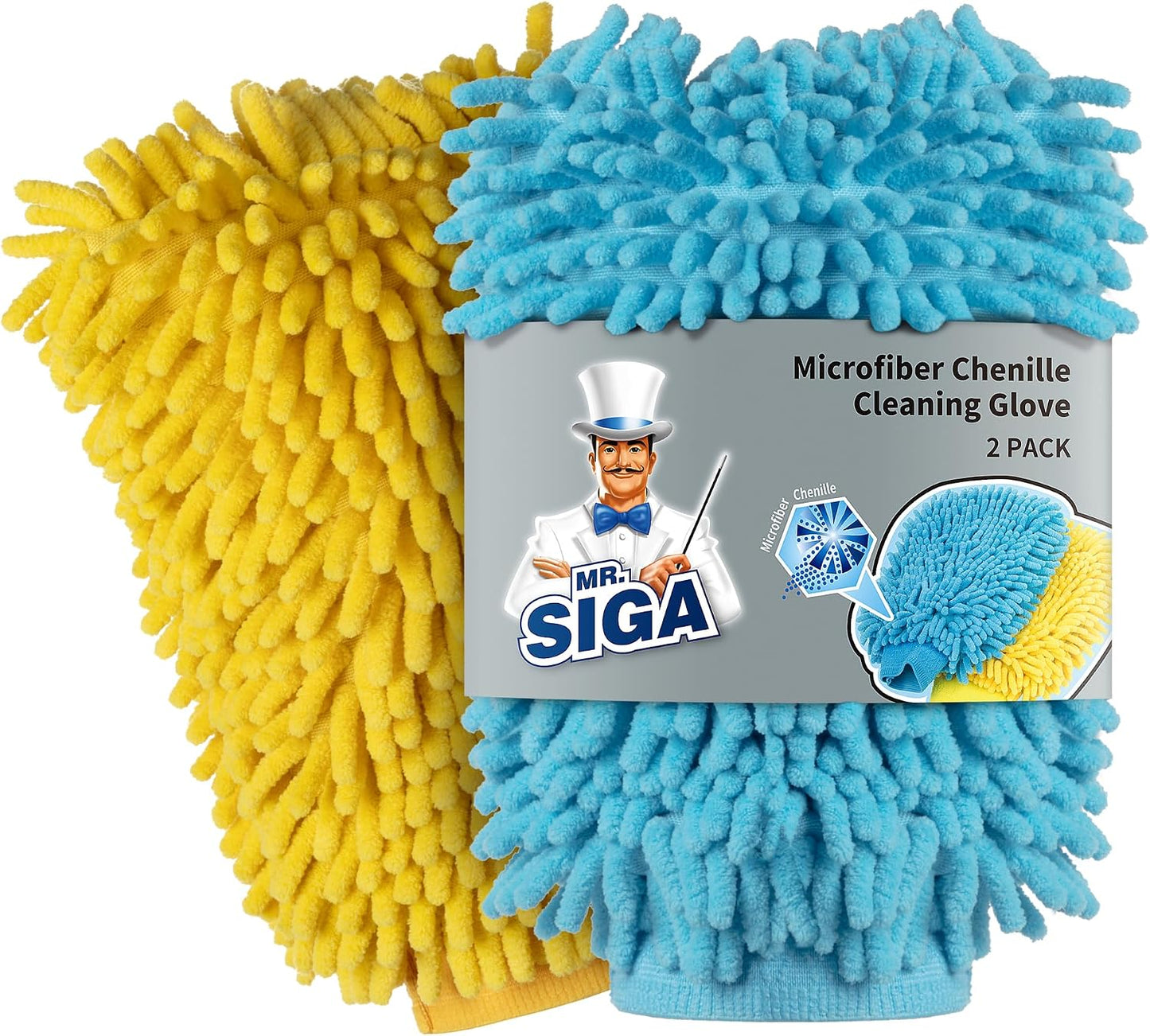 MR.SIGA Premium Microfiber Soft Chenille Car Wash Mitt, Pack of 2, Blue & Yellow