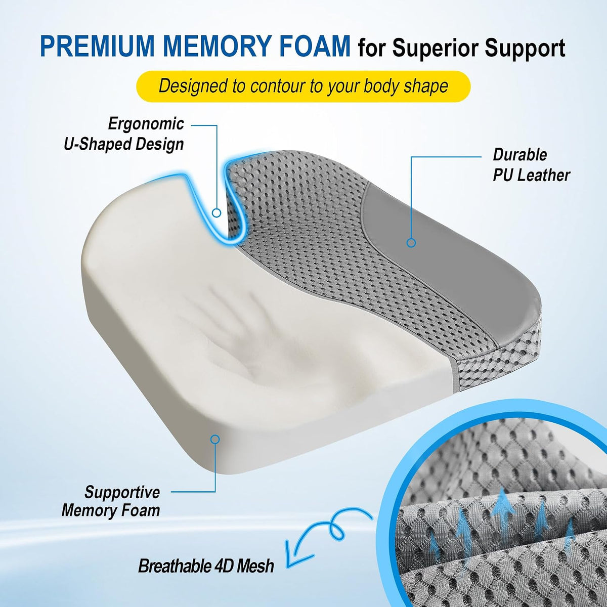 Lofty Aim Car Seat Cushion for Driving, Memory Foam Driver Seat Cushion | Car Seat Cushion for Long Driving Comfort, Driver Seat Pillow Adds Height and Support for Cars, Trucks, Office Chairs, Gray