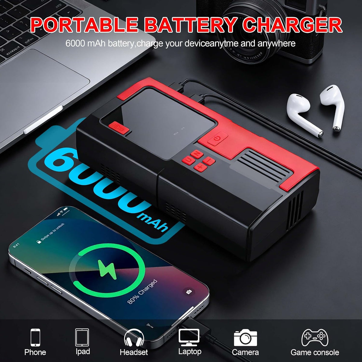 12V 5000A Jump Starter with Air Compressor Portable for Car Emergency，UltraSafe, 160PSI, 9.0L Gas/6.0L Diesel, Tire Inflation, Jumper Cables, LED Light, for Car, Motorcycle, SUV