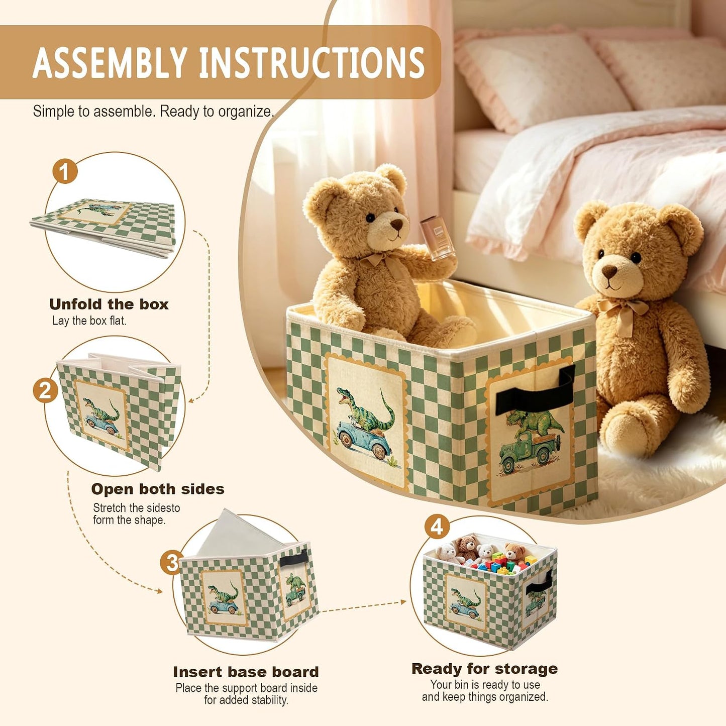 Green Checkered Dinosaur Truck Storage Bins Box, Funny Cute Dino Car Foldable Storage Basket with Handles for Playroom Bedroom Bathroom Home Toys Clothes Books Organizer