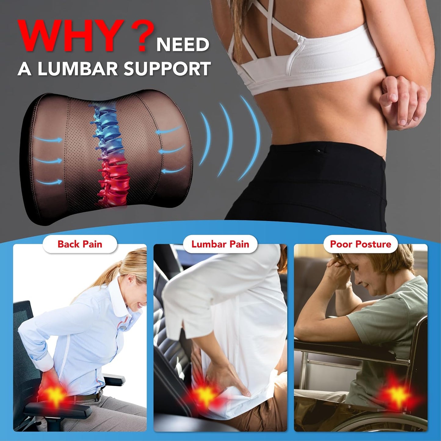 Lofty Aim Lumbar Support Pillow for Car, Car Seat Back Support for Driving | Memory Foam Car Lumbar Support for Driving Seat, Car Back Cushion, Adjustable Straps, Lower Back Pillow, PU Leather, Brown