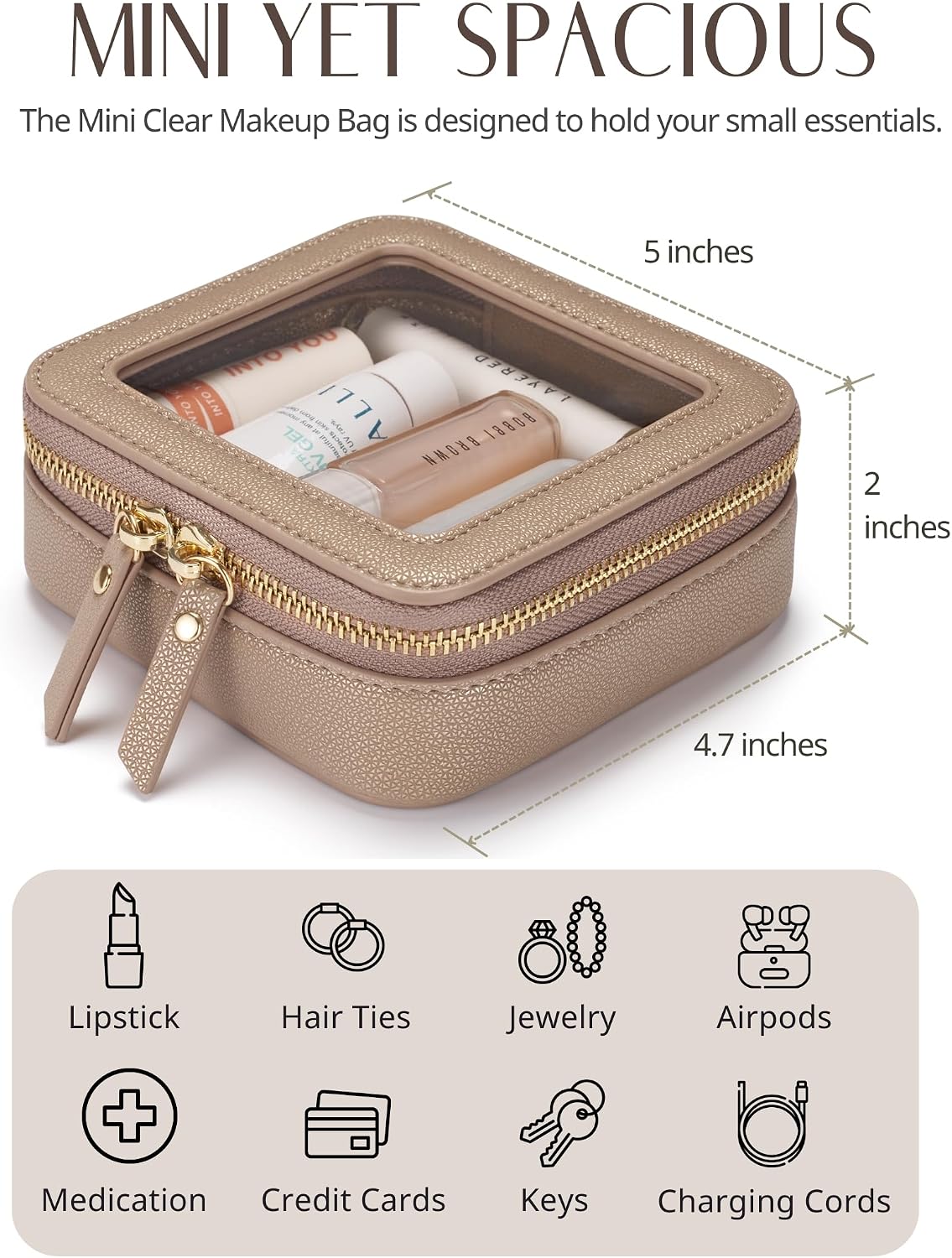 Popvibe Small Makeup Pouch Clear Makeup Bag for Purse Travel Mini Bag for Women for Essentials Cute Cosmetic Case Traveling Small Toiletry Bag Portable Mini Pouch for Car Organizer Bag Gold