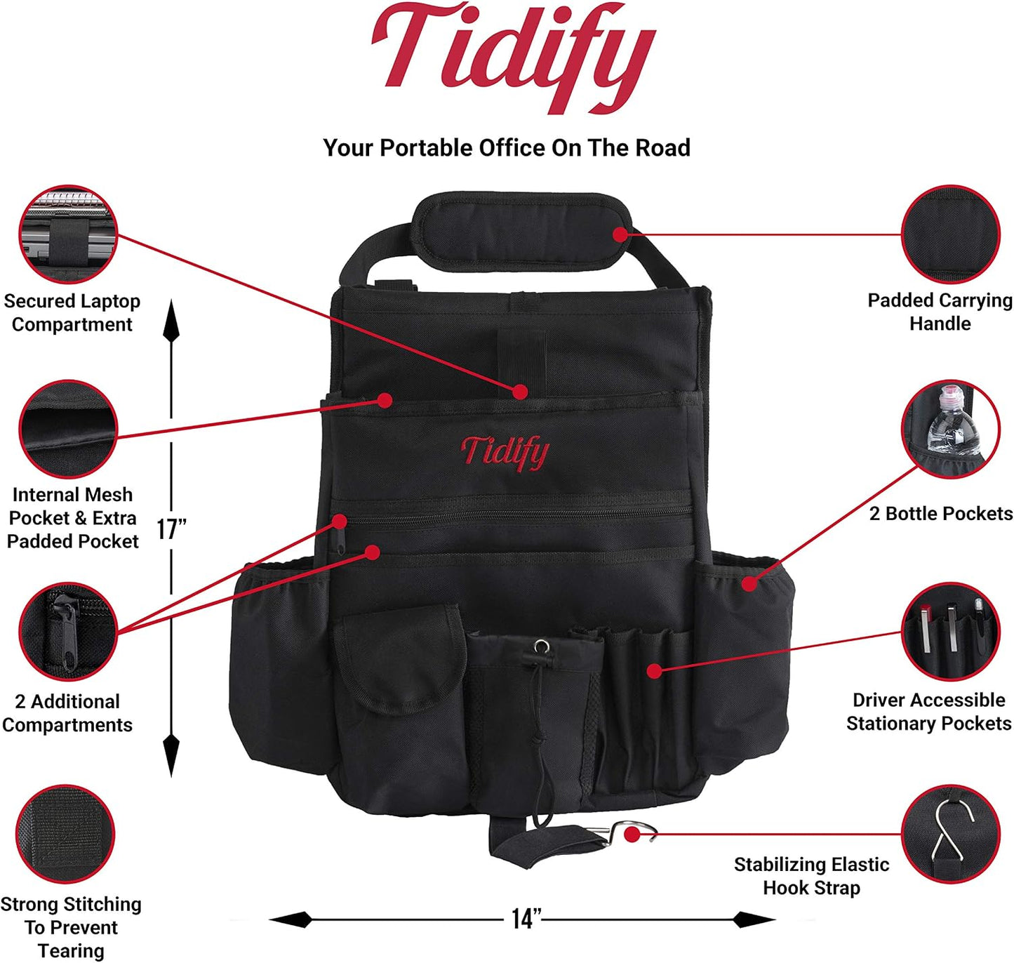 Tidify Car Front Seat Organizer [2025 UPDATED] with Dedicated Tablet and Laptop Storage Stabilizing Side Straps Soft Adjustable Shoulder Strap and Hardened Buckles Your Office Away from Office.