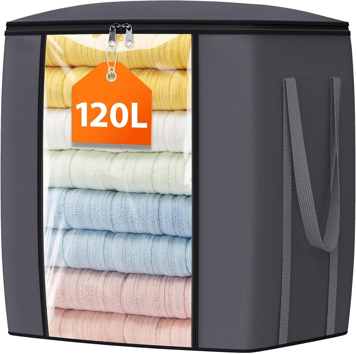 TasticTotes 120L Extra Large Clothes Storage Bags, Foldable Blanket Storage and Organization, Thick Fabric Containers with Reinforced Handles &amp; Zippers for Clothing, Comforters, Bedding, Gray, 1 Pack