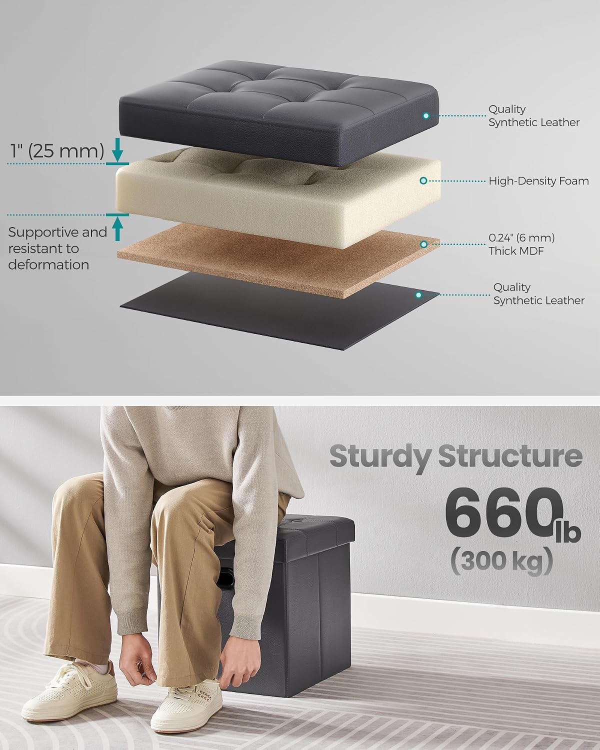 SONGMICS 15 Inches Folding Storage Ottoman, Cube Footrest