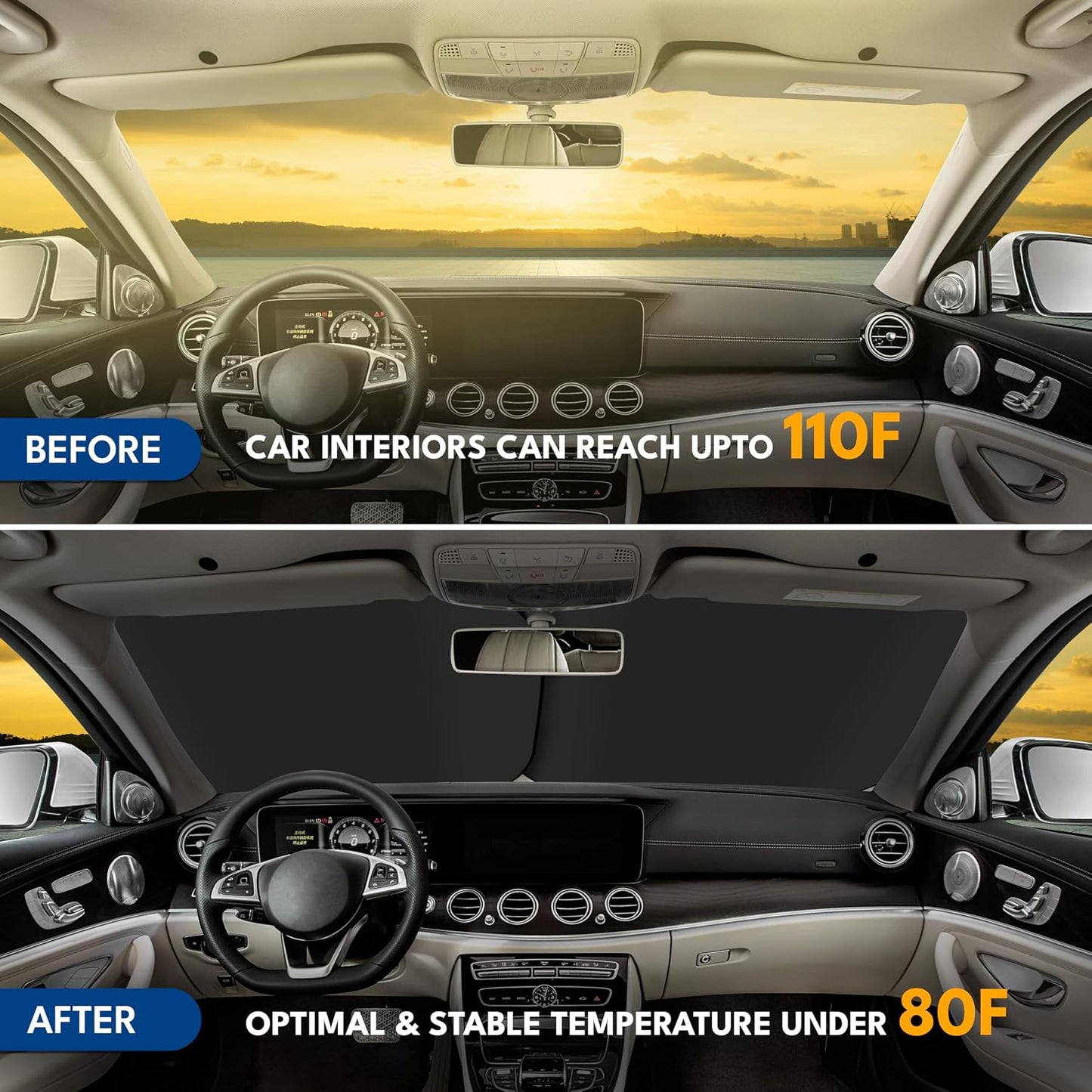 EcoNour 2 Piece Foldable Car Windshield Sun Shade – UV & Heat Protection, Interior Cooling, Durable Upgraded Design, Easy Fold, Front Window Sunshade - Medium (31" L x 28" W)