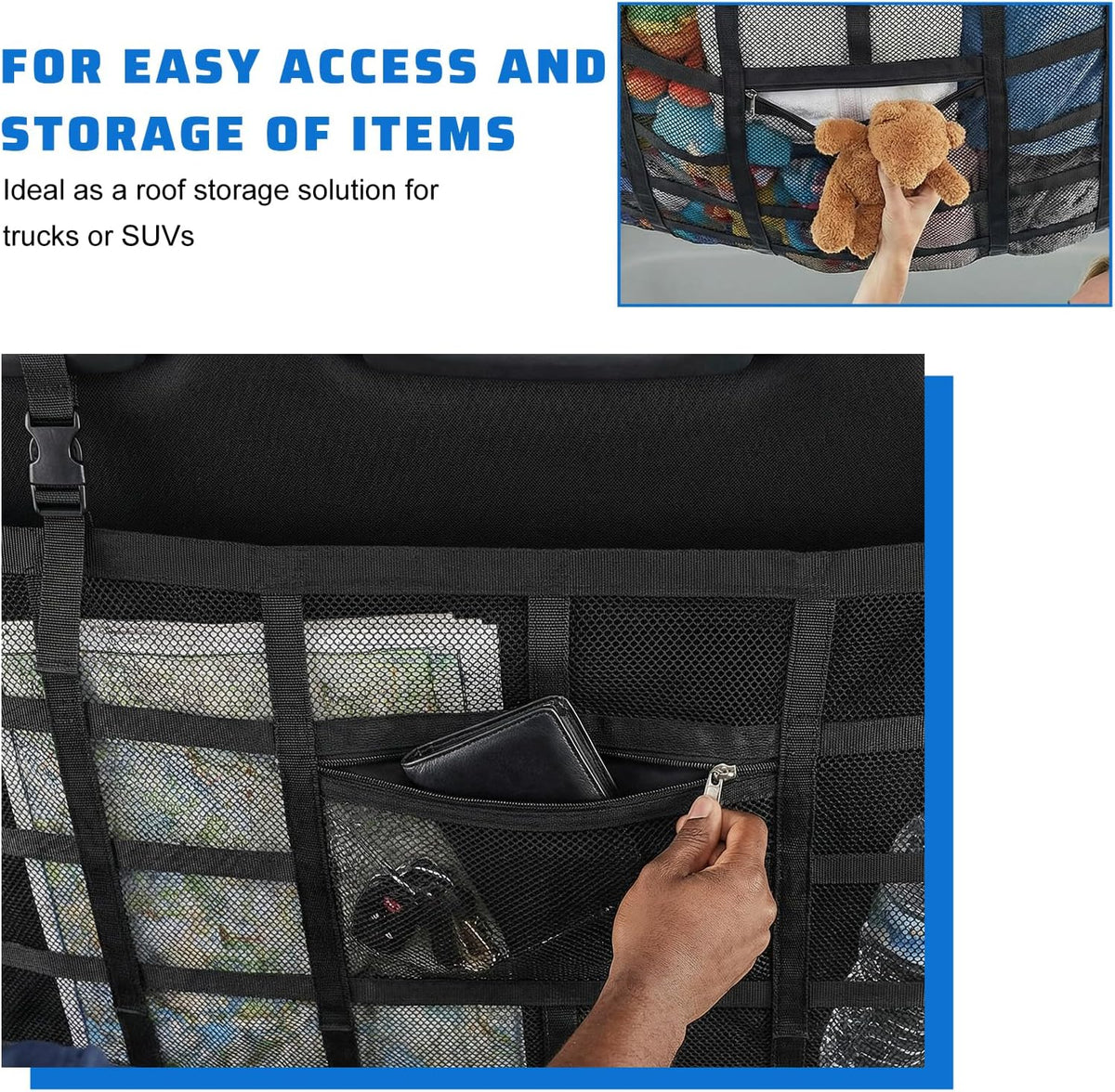 Car Ceiling Cargo Net, 30.5"x20.9" Double Layer Mesh Auto Roof Organizer with Pockets, Universal Vehicle Overhead Mesh Storage Organizer for Camping Road Trip Essentials