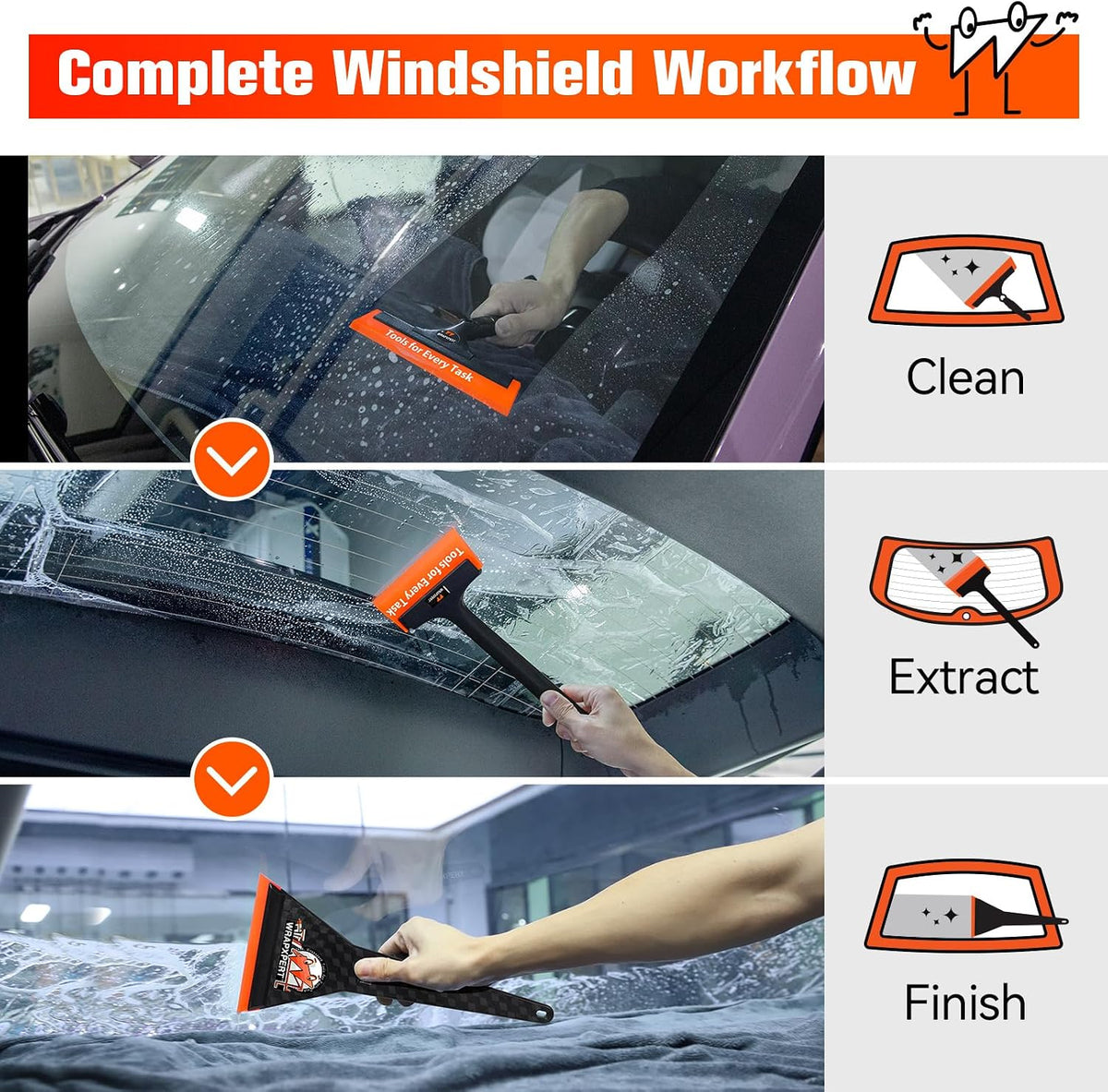 WRAPXPERT Window Tint Tools Kit, 3 Pack Window Tint Squeegee for Windshield Auto Tinting, Professional Long Handle Tinting Squeegee for Front Windows, Rear Glass, Side Doors for Car, SUV Van Glass