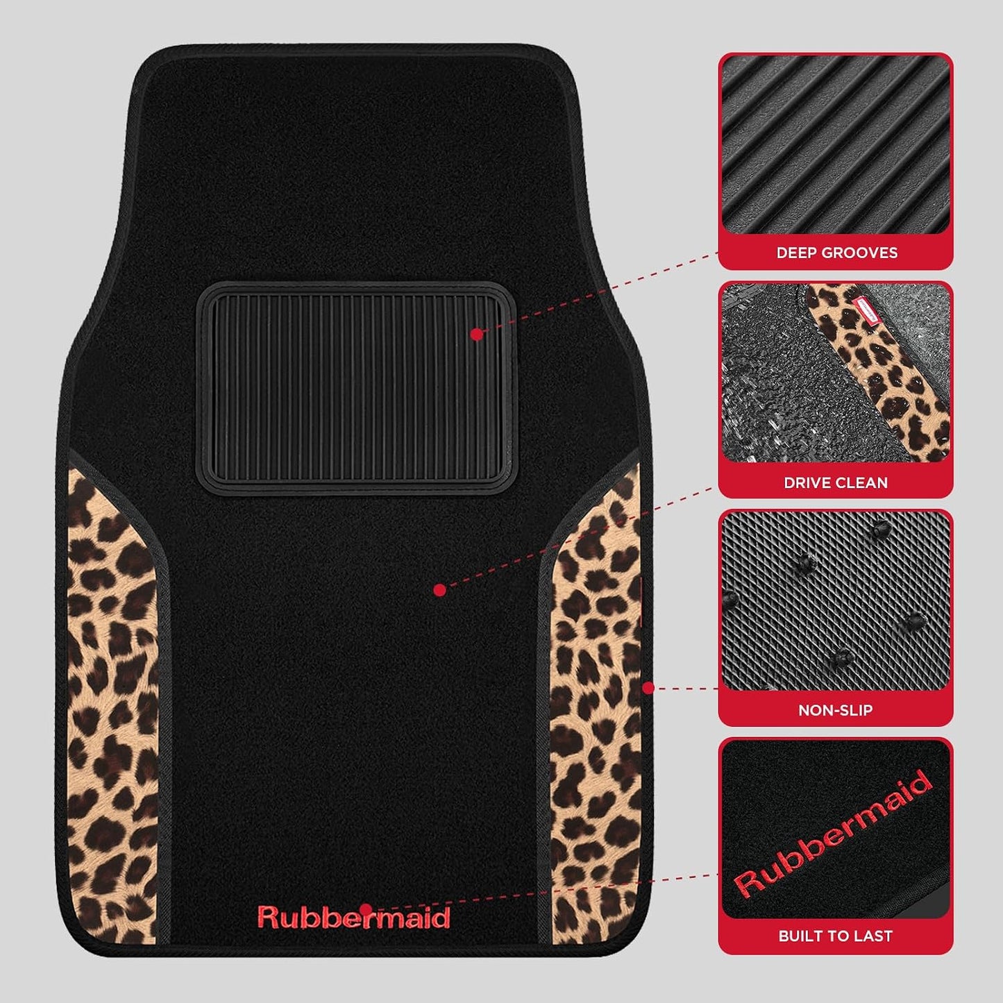 Rubbermaid Car Mats, Carpeted Floor Car Mat with Faux Leather & Built-in Heel Pad, Two-Tone Car Rug Floor Mats, Stylish Carpeted Floor Mats for Cars, Trucks & SUVs Leopard Patten Design