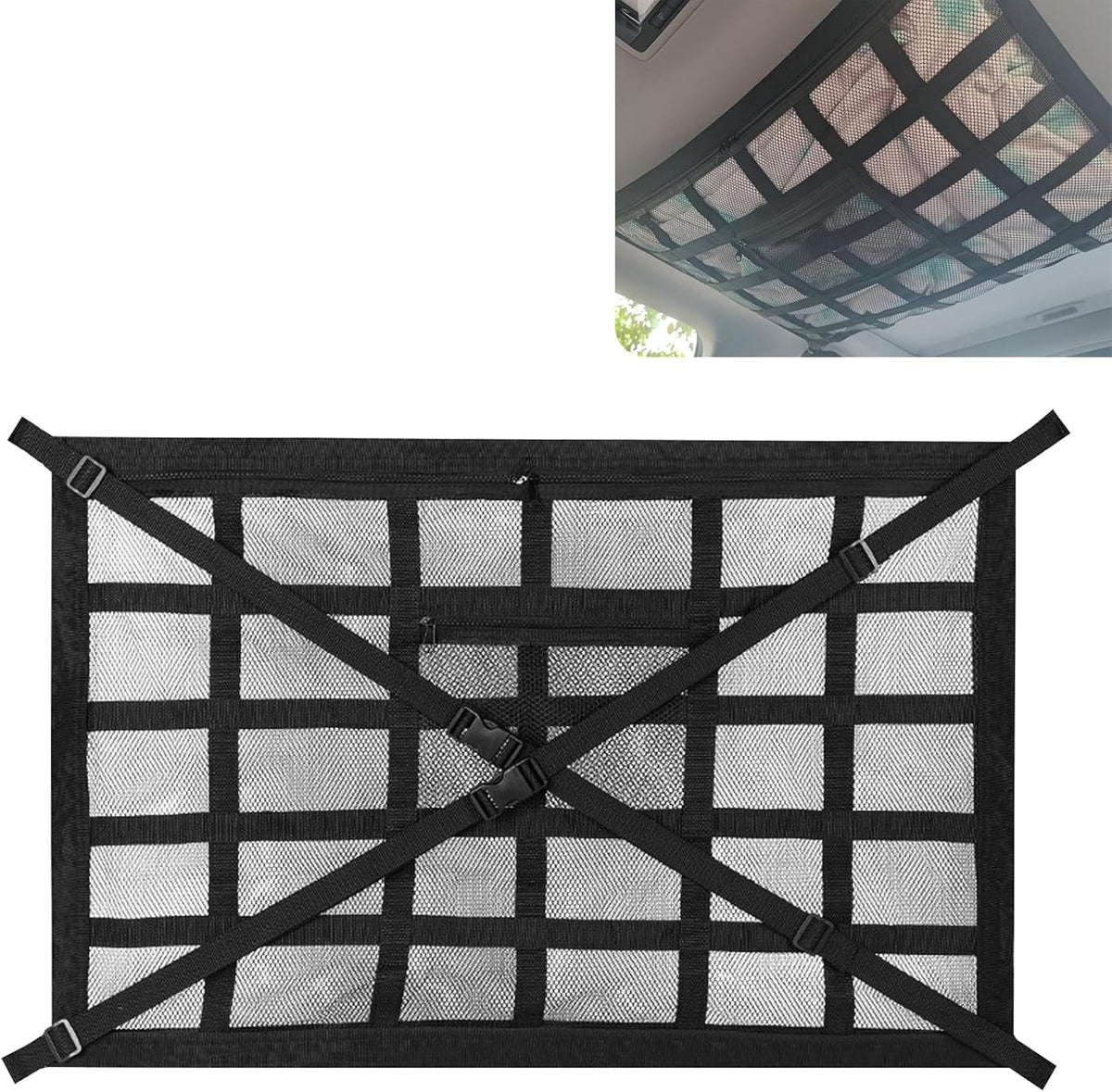 Car Ceiling Cargo Net, 31.5" x 21.6" Double Layer Overhead Storage Organizer, Adjustable Roof Mesh Pocket with Buckle Straps, Universal Auto Accessory for SUVs, Camping, Travel, Road Trips
