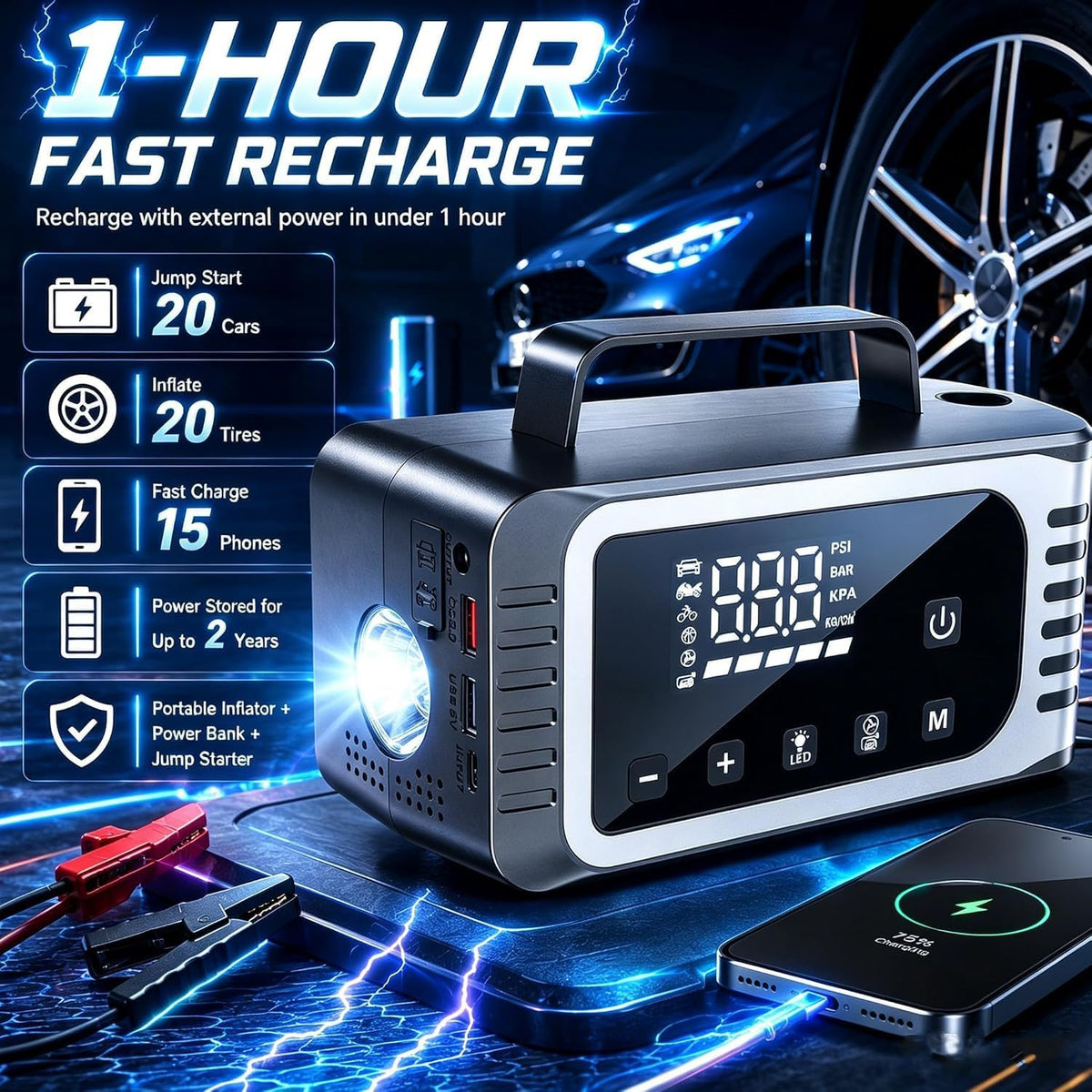8000A Car Battery Jump Starter with Air Compressor, 150 PSI Tire Inflator