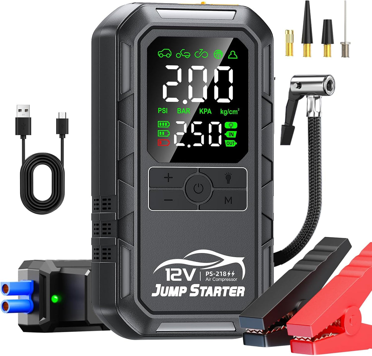 10-in-1 Car Battery Jump Starter with Air Compressor 8000A 160PSI Portable Car Jumper Starter (All Gas 12L Diesel), 12V Jump Box Car Battery Jump Starter Portable Jumper Cables, Lights (8000A)