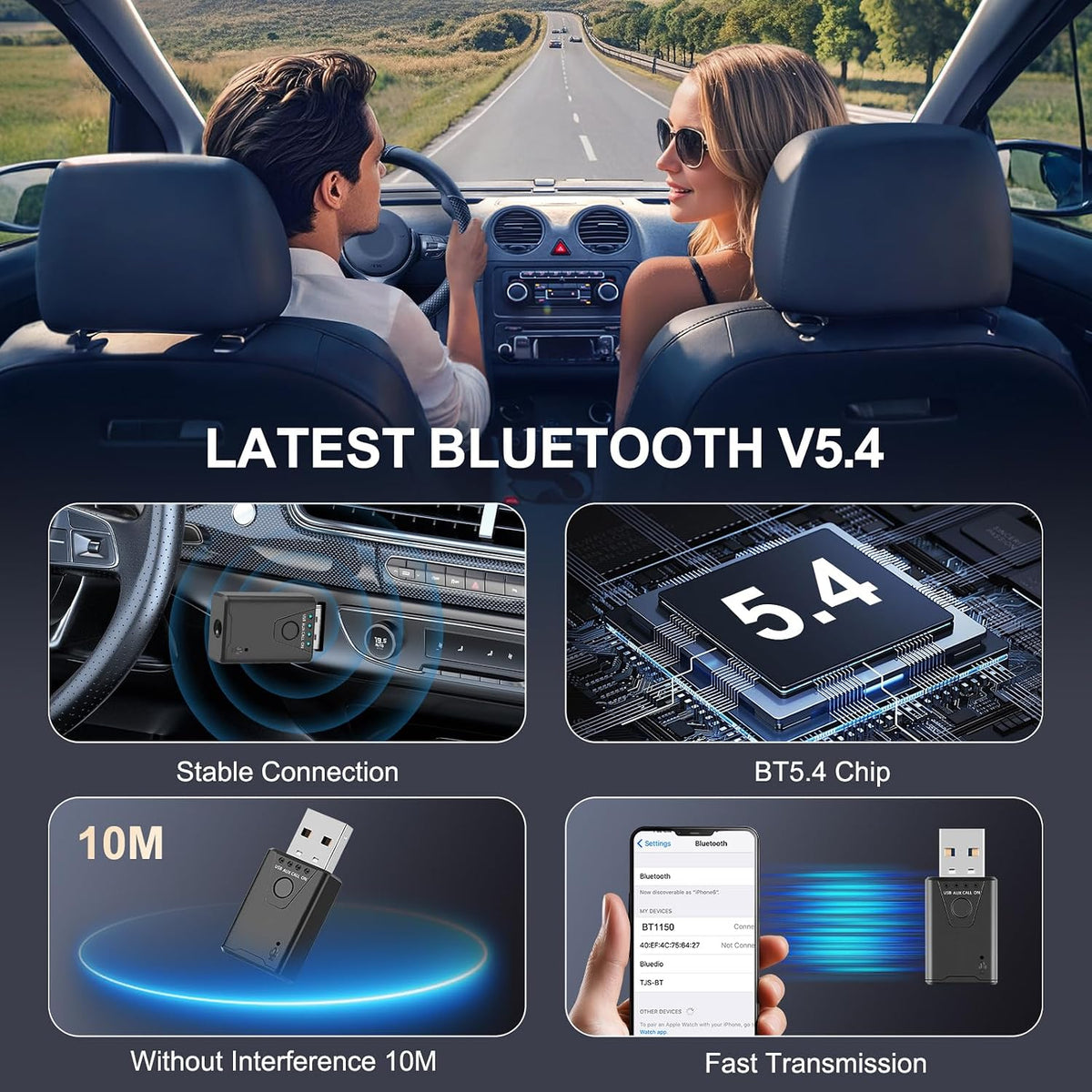 USB Bluetooth 5.4 Adapter for Car, Bluetooth Music Receiver Plug & Play, 3.5mm AUX Jack Car Kit Built-in Microphone for Hands-Free Calling Compatible with Speakers/Home Stereo,USB-Powered
