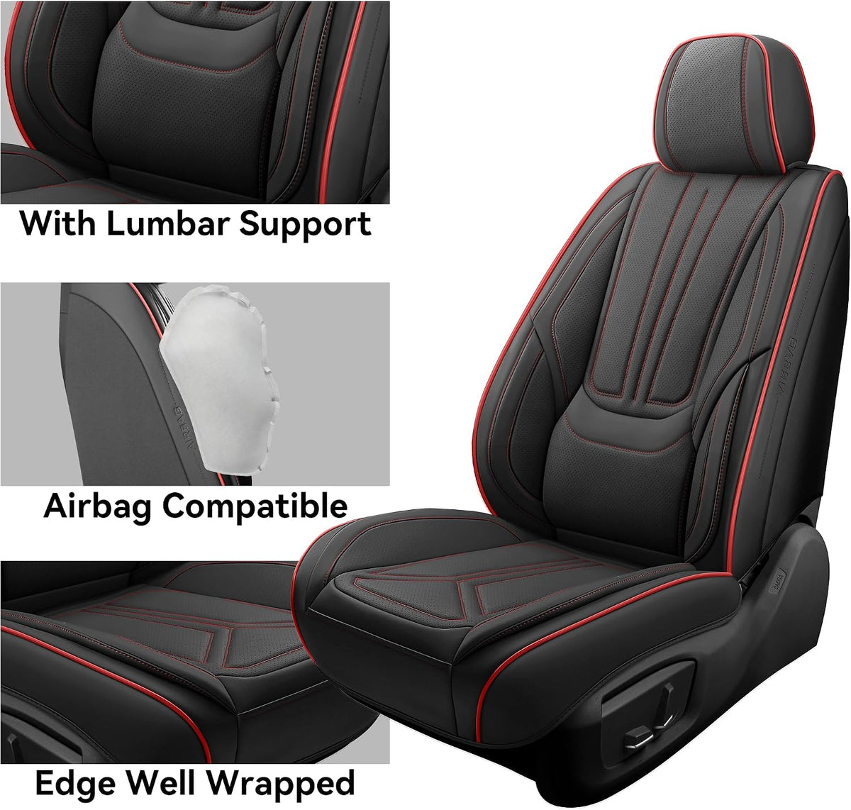 Car Seat Covers Full Set Black Red Line, Leather seat covers, Universal Fit