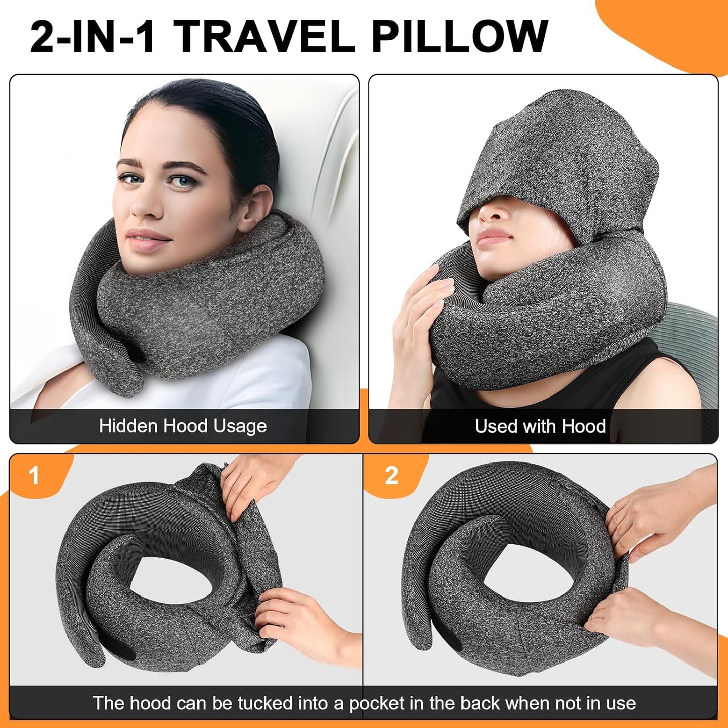 Travel Pillow - Hooded Neck Pillow Airplane Memory Foam Filling for Plane, Office, Cars Sleeping, Road Trip, Long Flights, Airplane Travel Essentials, Includes Eye Mask & Earplugs (Dark Gray)