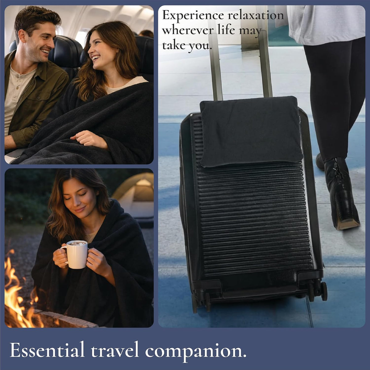 Brookstone Travel Blanket - Super Soft Fleece Throw Blanket with Foot Pocket, Lightweight & Compact Travel Blanket, Plane & Road Trip Essentials, Black Foot Pocket