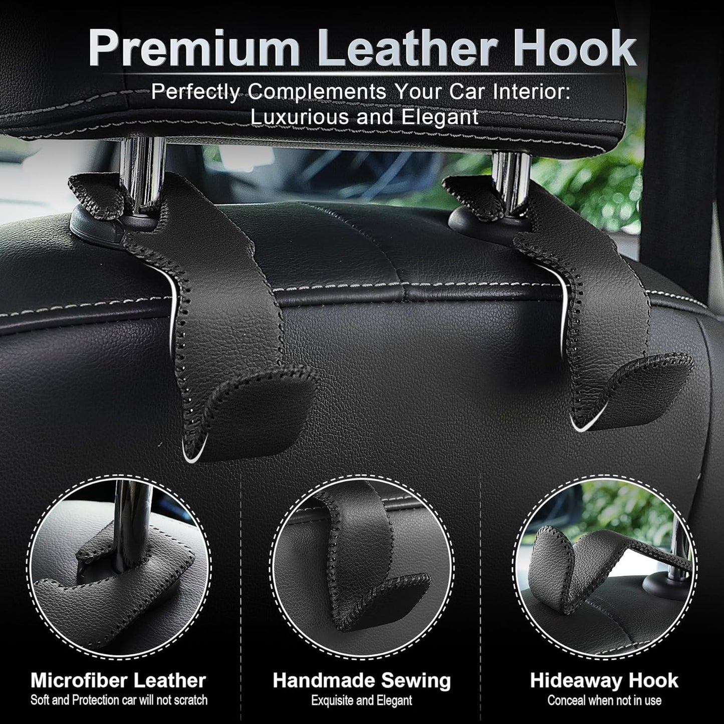 LivTee Headrest Hook for Car, Back Seat Organizer Black Leather Hanger Holder Hook, Interior Car Accessories for Hanging Purses Bags Coats, 4 Pack