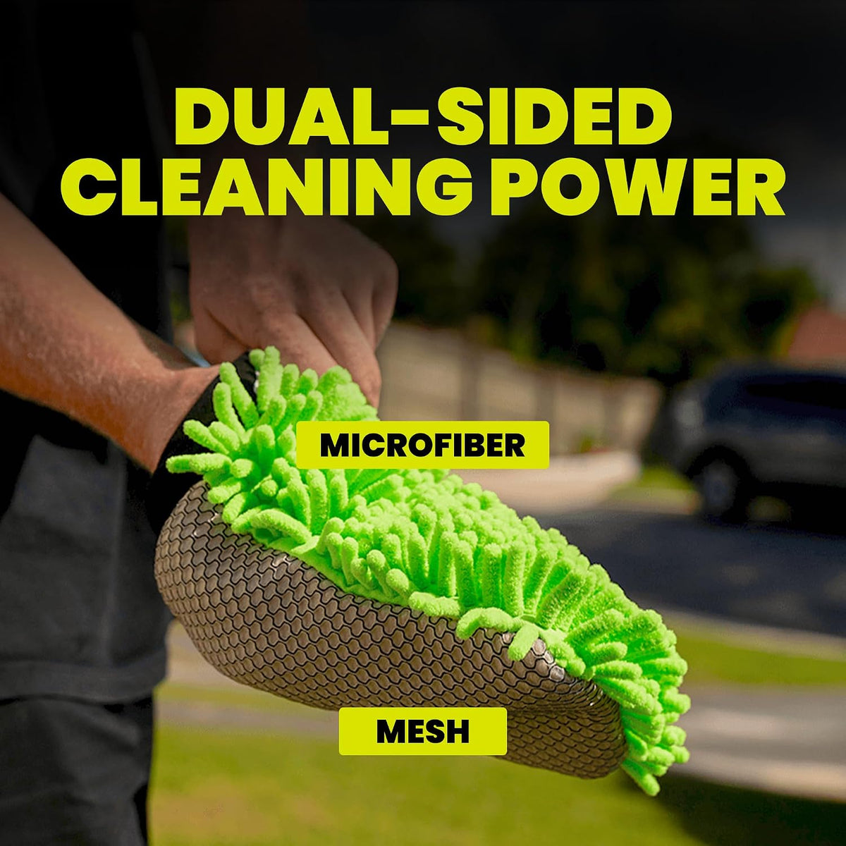 2-in-1 Wash Mitt - Microfiber Car Washing with Dual-Sided Design Mesh Bug Remover, Chenille Scratch-Free Microfiber Noodles, Boat, Glass, House or Car Wash Glove, High Water Retention