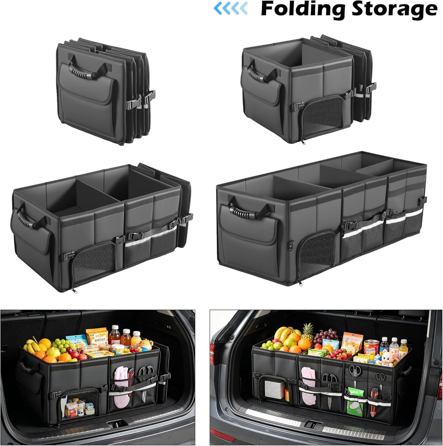 Car Trunk Organizer, 3 Compartment Collapsible Car Trunk Storage Organize with Lid, Non-Slip Bottom, Cargo Organizer for Car Accessories, Trunk Organizer for Car/SUV/Truck
