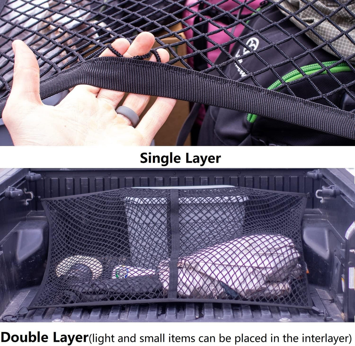 Highly Elastic Cargo Net, 4'x6' Stretches to 8'x12, Suitable for 6.5ft - 8.1ft Long Bed Trucks, Trailers (Lager Double Layer)
