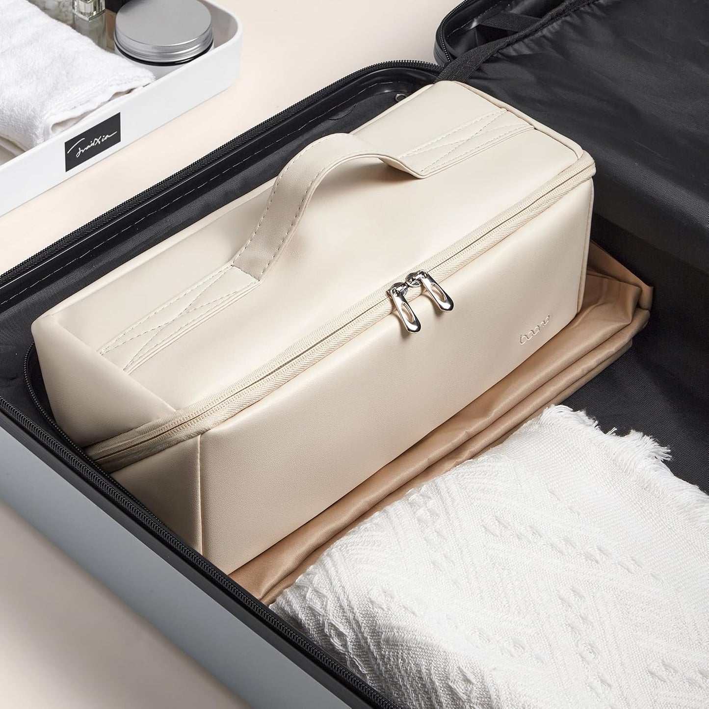 Veki Travel Storage Case for Dyson Airwrap Styler, Large Opening Travel Storage Bag Compatible for Shark Flexstyle Air Styling & Drying System, Portable Carrying Organizer for Hair Curler (Off-White)