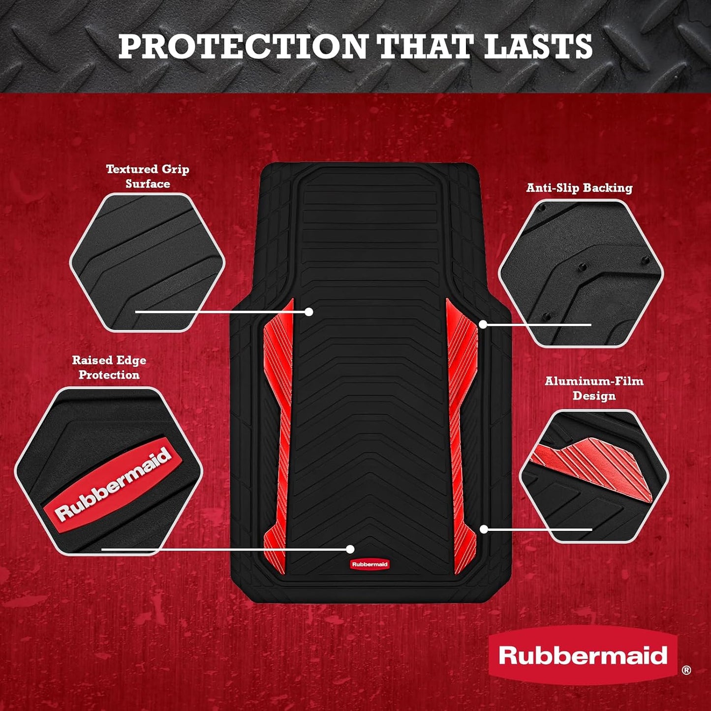 Rubbermaid Car Floor Mat, Heavy Duty All-Weather Car Mats Full Set with Dual-Tone Red Aluminum Inserts – Universal Fit, Anti-Slip Backing, Trim-to-Fit for Most SUV, Sedan, Van