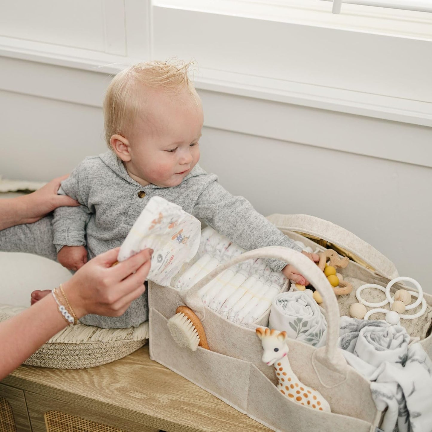 PUTSKA Baby Diaper Caddy Organizer - Nursery Storage Basket for Diaper Station, Baby Basket Shower List and Registry Gift Must-Haves, Newborn Essentials, Nursery Decor for Boy or Girl - Mocha, Large