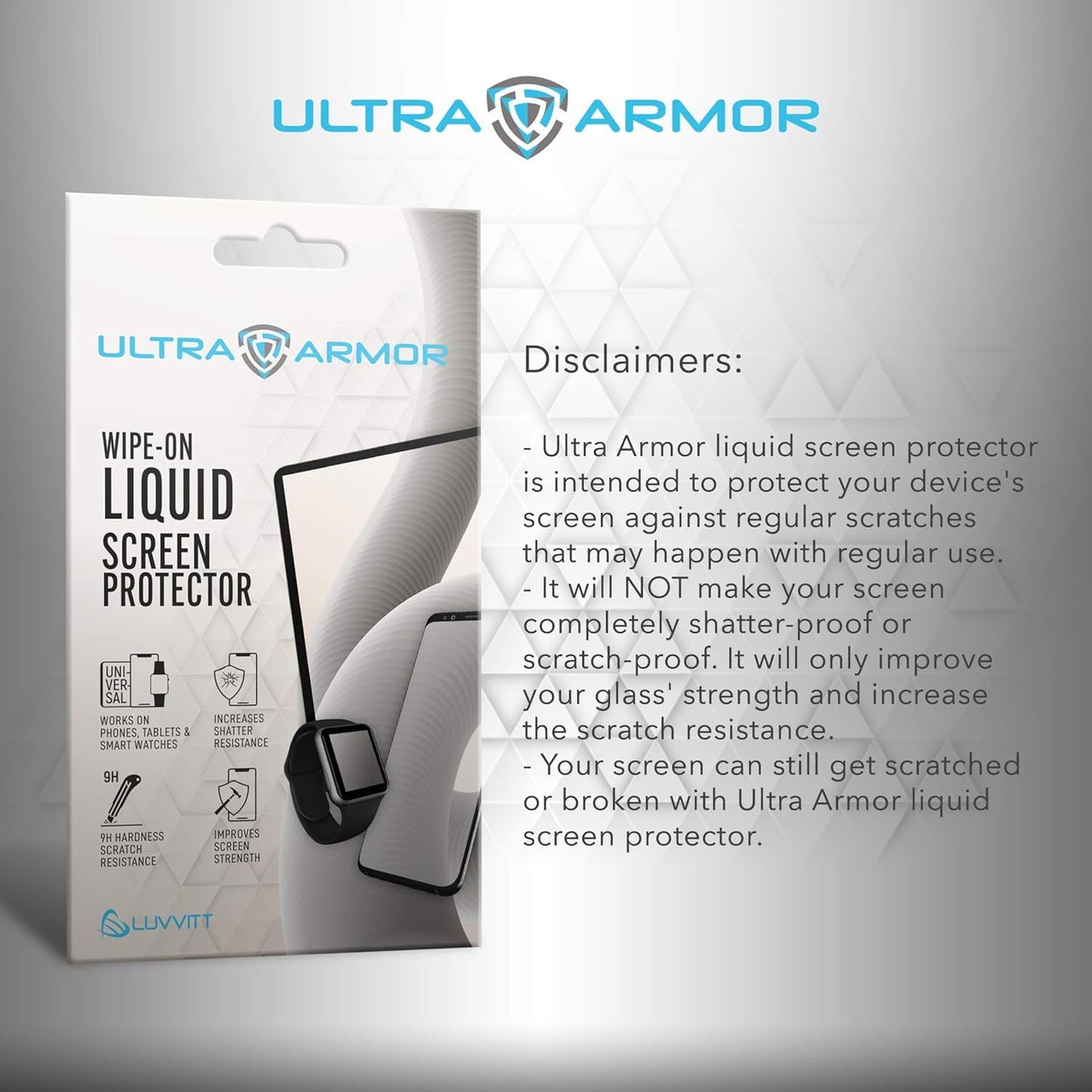 ULTRA ARMOR Liquid Glass Screen Protector for All Smartphones Tablets and Watches Wipe On Nano Protection - Universal