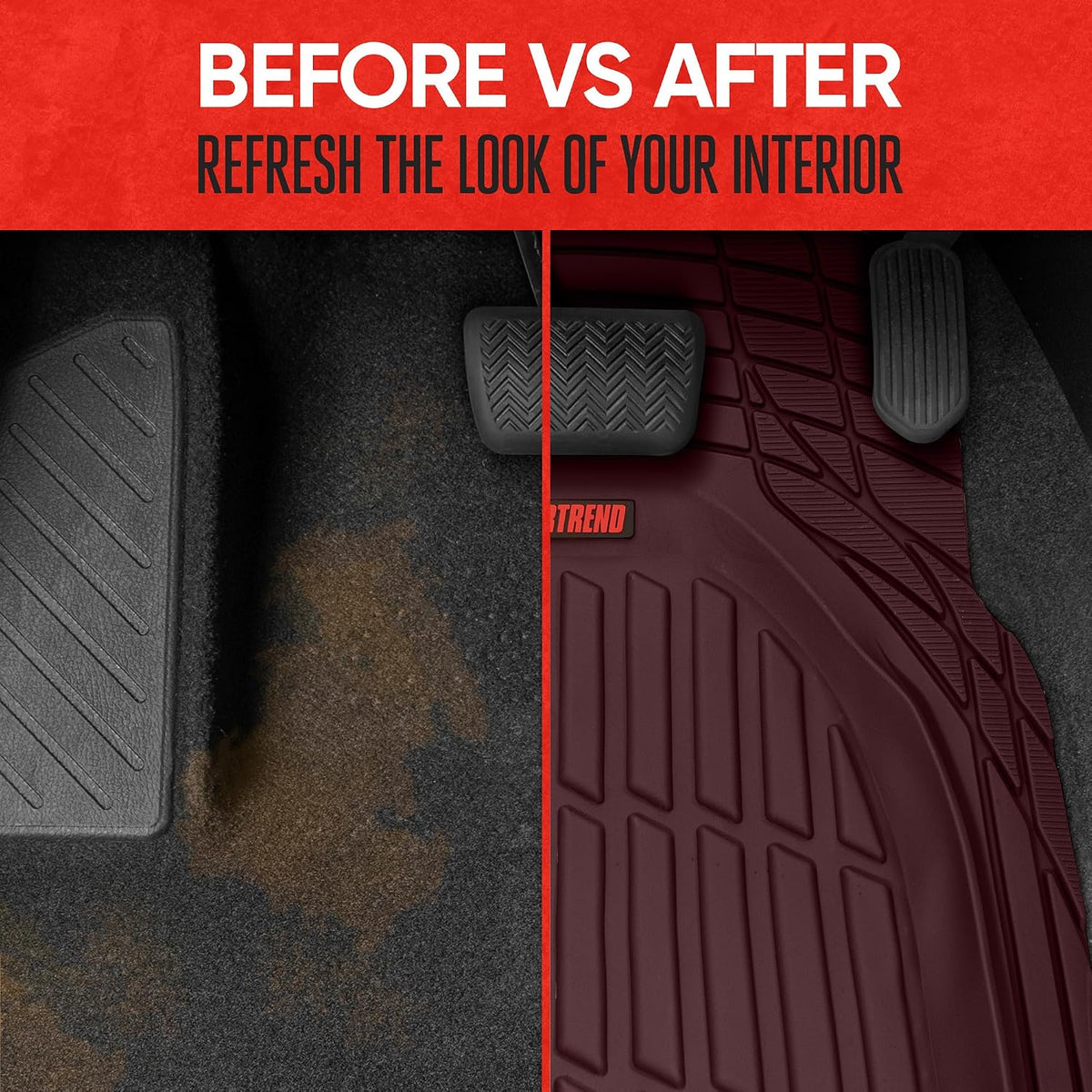 Motor Trend FlexTough Tortoise - Heavy Duty Rubber Floor Mats for Car SUV Van & Truck - All Weather Protection - Deep Dish (Burgundy)