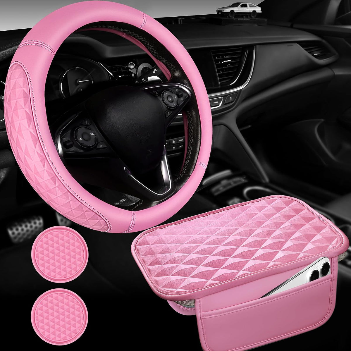 CAR PASS 3D Memory Foam Leather Car Steering Wheel Cover Set, Comfortable Rhombus Leather Center Console Armrest Cushion with Storage Bags Non-Slip 14.5-15in Car Interior Covers Sets, 4 PCS All Black