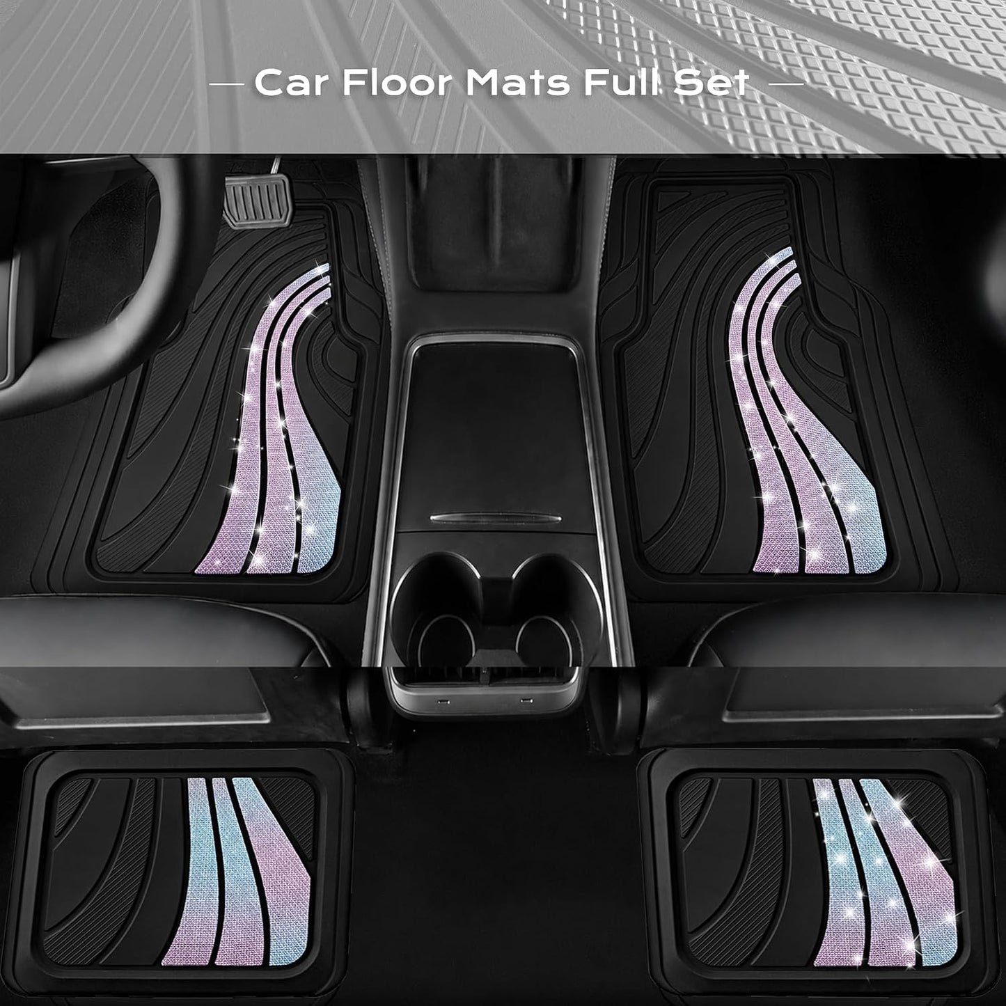 Road Comforts Car Floor Mats Full Set – Front & Rear Car Floor Mats with Aluminum Design, Anti-Slip Backing, All-Weather Protection, Trim-to-Fit Car Mats for Most Sedans, SUVs & Vans - Glitter