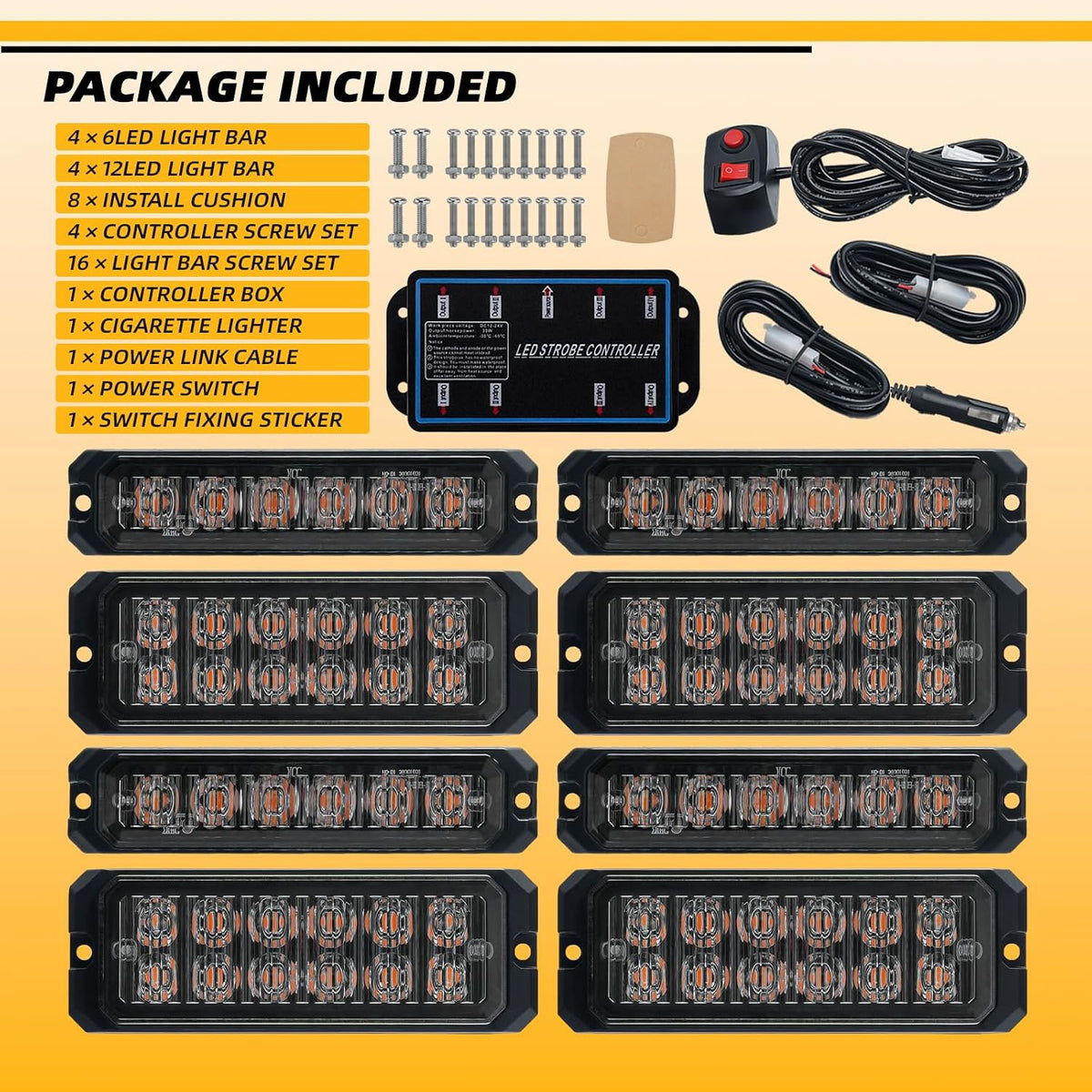 8-pcs Ultra Slim Amber White LED Emergency Flashing Strobe Lights for Vehicles, Trucks, and Cars Sync Feature Surface-Mount Beacon Hazard Light with Controller and Wiring Harness