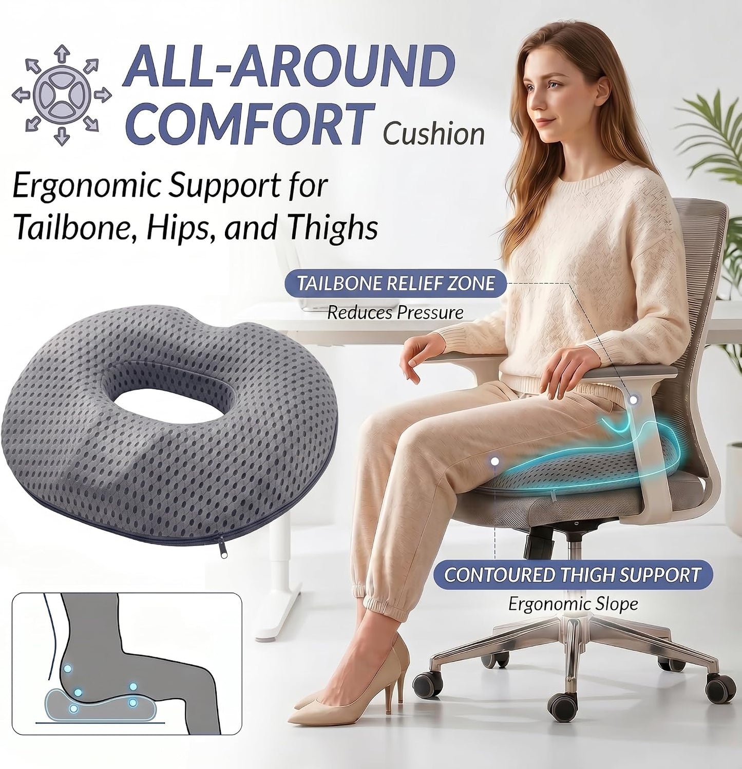 Circular Memory Foam Seat Cushion, Tailbone Pressure Relief Pillow for Office Chair Car Wheelchair, Breathable Mesh Comfort Pad for Daily Sitting Support (Grey)