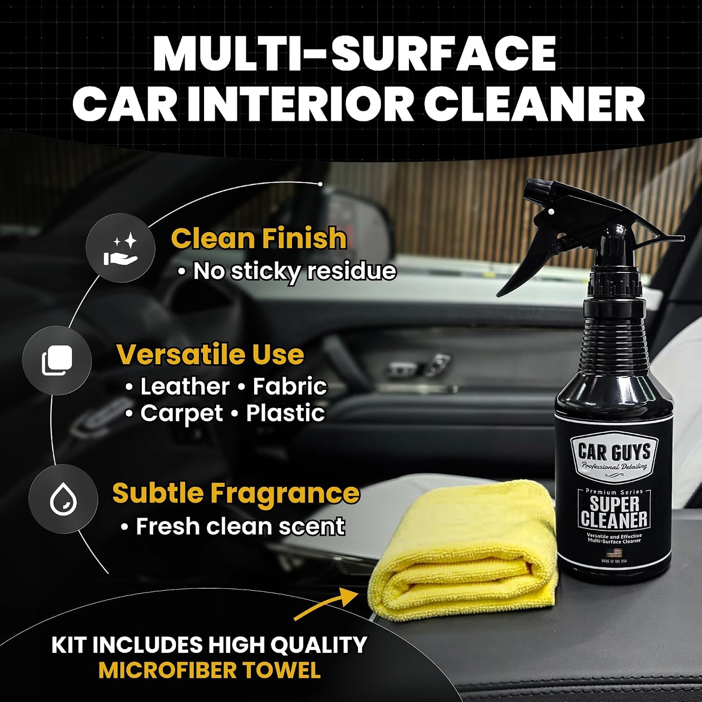 CAR GUYS Interior Car Cleaner for Tough Stains | Stain Remover for Car Seats, Carpet, Upholstery, & Leather | 18 Oz Kit with Microfiber Towel