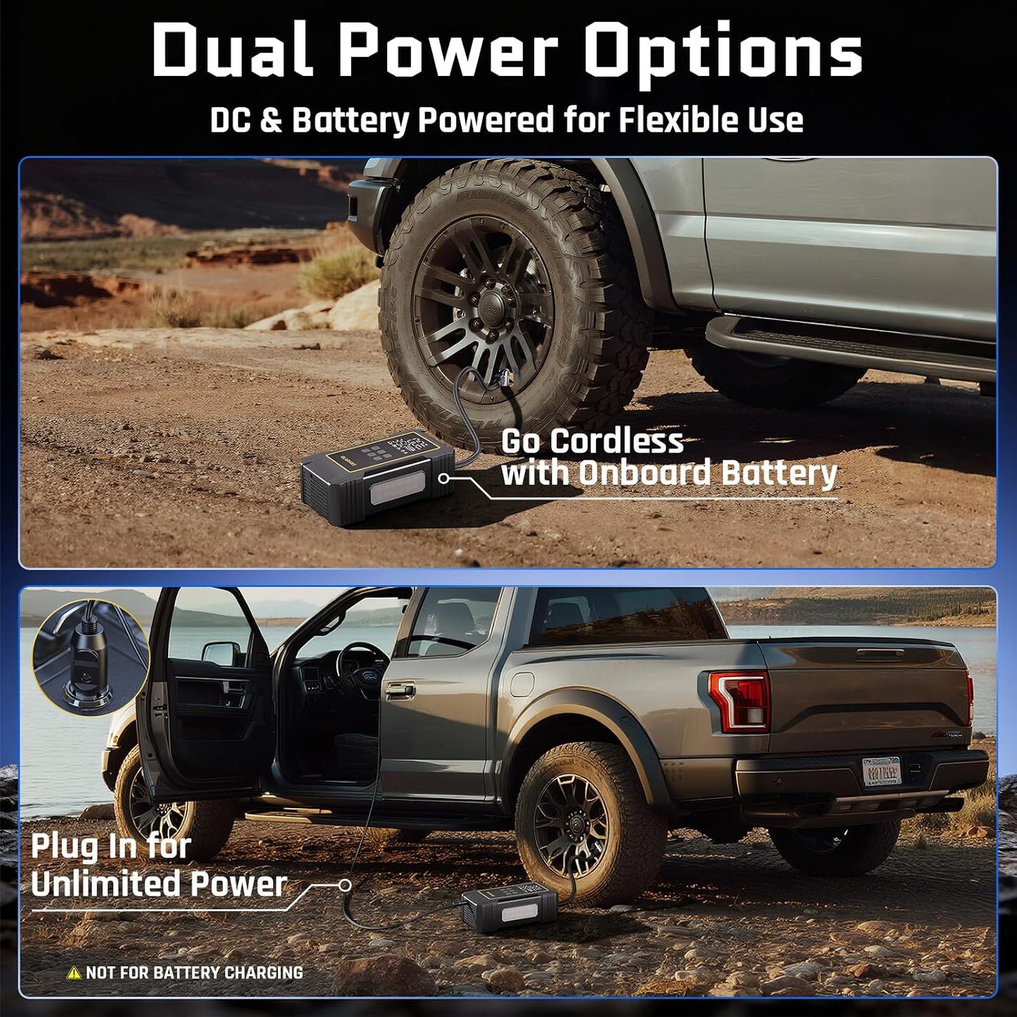 OlarHike Powerful 12000mAh Heavy Duty Tire Inflator Portable Air Compressor, 7X Faster, 150PSI Dual Power 12V&Cordless Air Pump for Car Tires, Pickup Trucks, Jeeps, SUVs & RVs. Digital Pressure Gauge