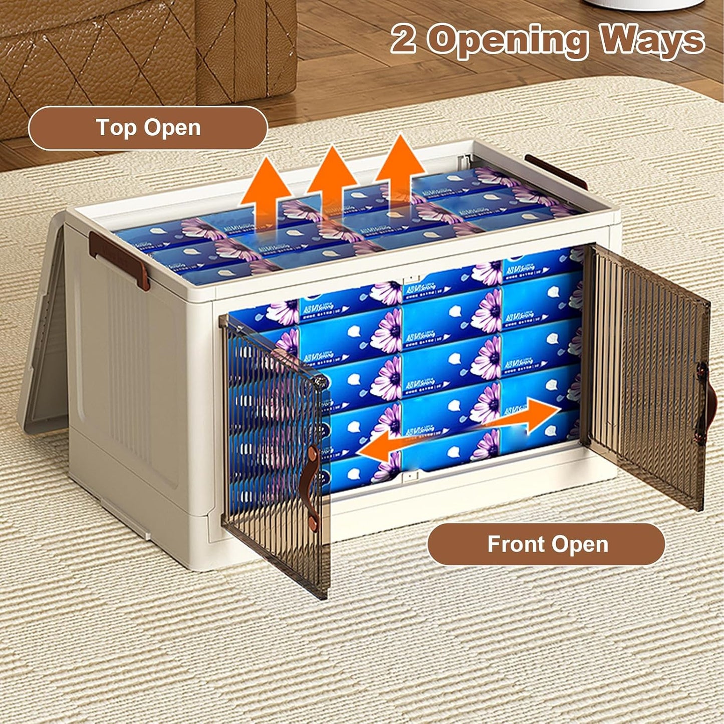 4 Tiers Foldable Storage Bins, 72QT Per Stackable Plastic Storage Bins With Magnetic Double Door and Smooth Wheels Stackable Storage Containers for Snacks, Books