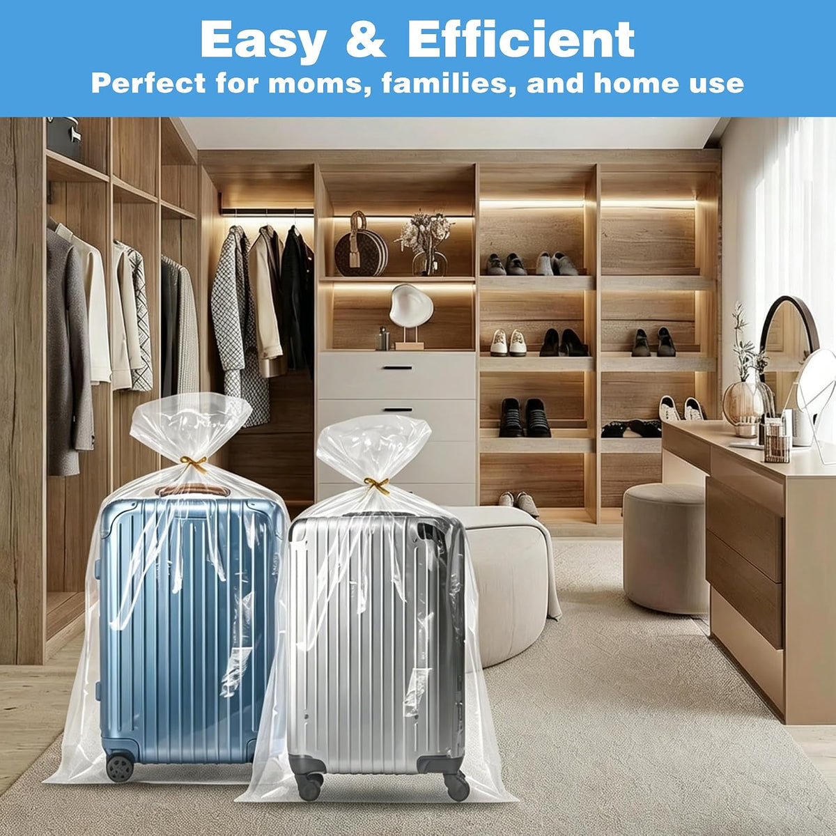 5 Pcs Extra Large Clear Plastic Bags, 40" x 60" Jumbo Waterproof Storage Bags with 5 Jute Ribbons for Car Seat, Stroller, Furniture & Luggage, Moving (2.36 Mil Heavy Duty)