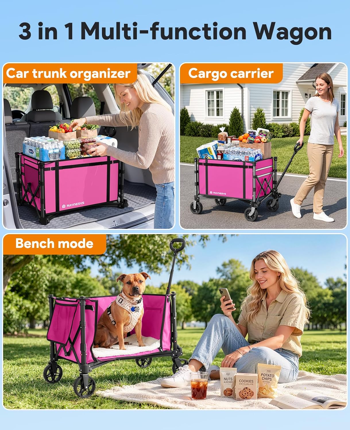 Collapsible Wagon with Wheels,120L Wagon Cart for Camping Groceries Beach | 220lbs Capacity Wagon Carts Foldablet,Smallest Folding Size,Lightweight Portable,Adjustable Handle,Transport long items