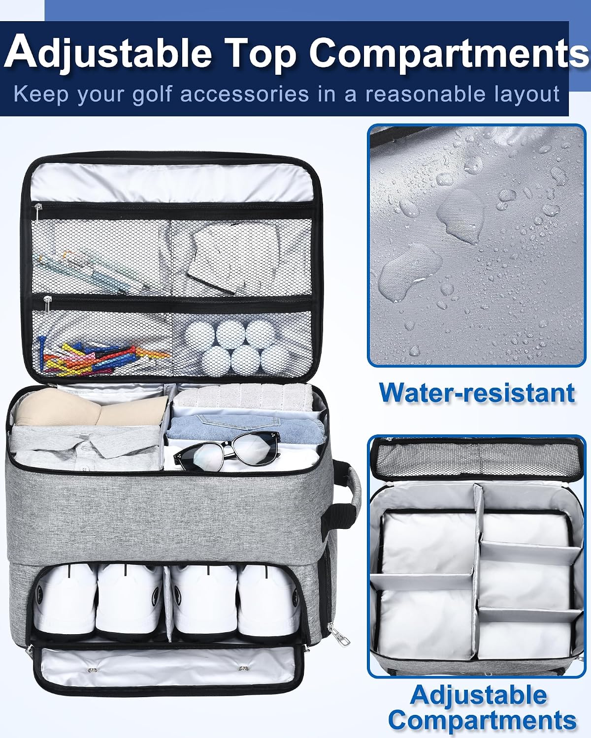 CAB55 Golf Trunk Organizer with 4 Wheels, 2 Layer Waterproof Car Golf Organizer with Separate Ventilated Compartment for 2 Pair Shoes, Golf Trunk Storage for Clothes, Accessories, Golf Gifts