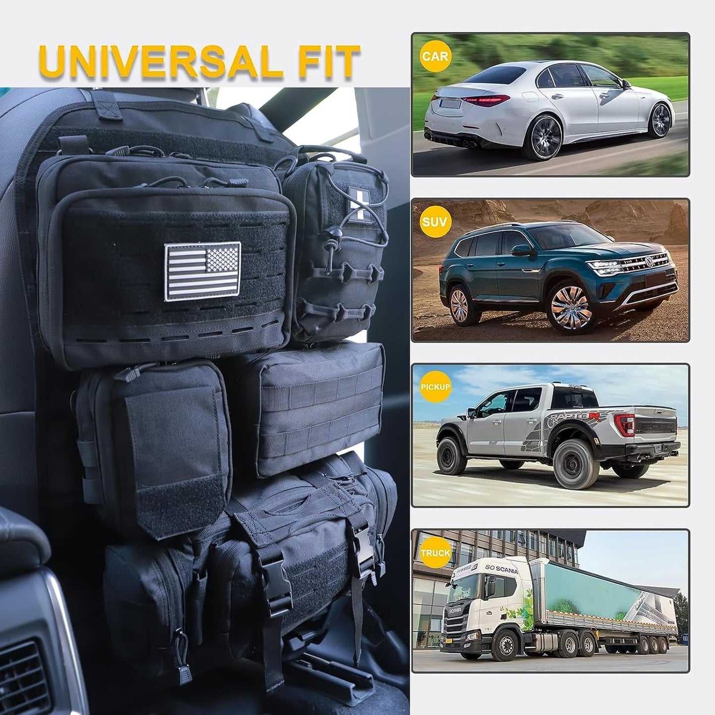 Universal Tactical Car Seat Back Organizer Bag Tactical Molle Vehicle Organizers Panel Vehicle Protector Organizers with 5 Detachable Pouches for Car Truck Ford Jeep (Upgraded C model Black)