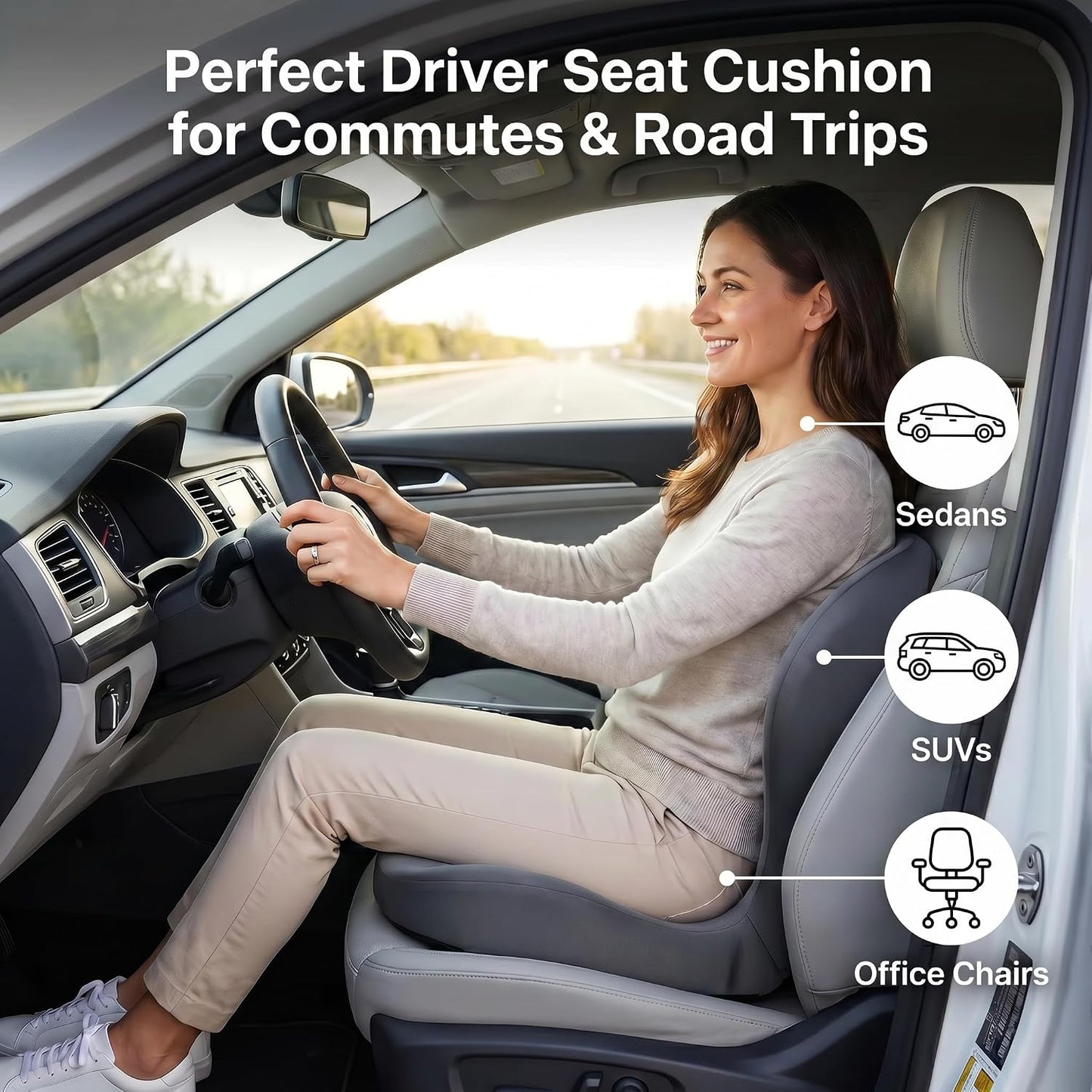 Driver Seat Cushion for Car, Ergonomic Memory Foam Car Seat Pad with Taller Lumbar Support, Back & Sciatica Pain Relief Car Cushion for Long Driving, Tailbone & Coccyx Support