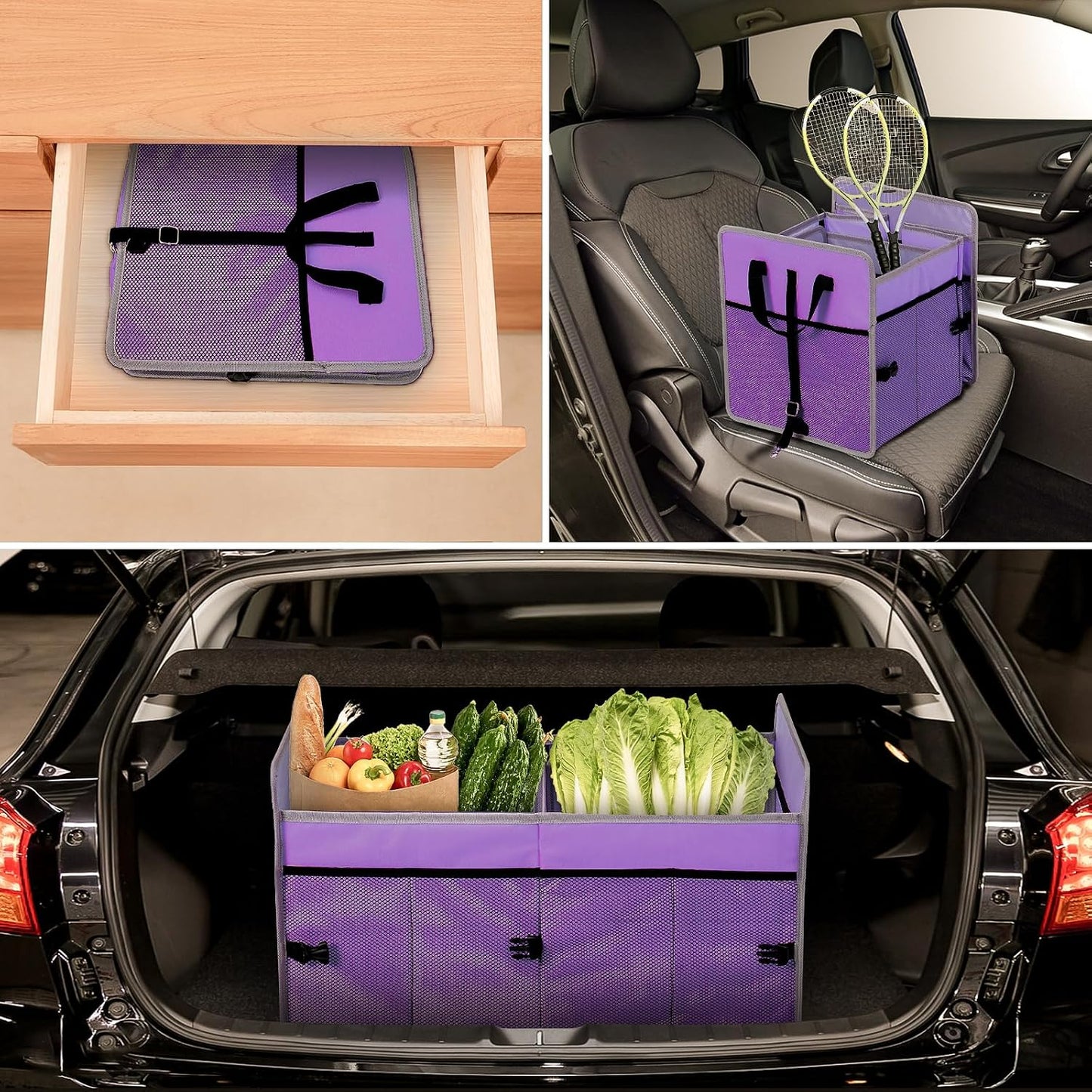 Car Trunk Organizer with Individual Cooler Bag - 2 Compartment Collapsible Car Storage for SUV (Purple)